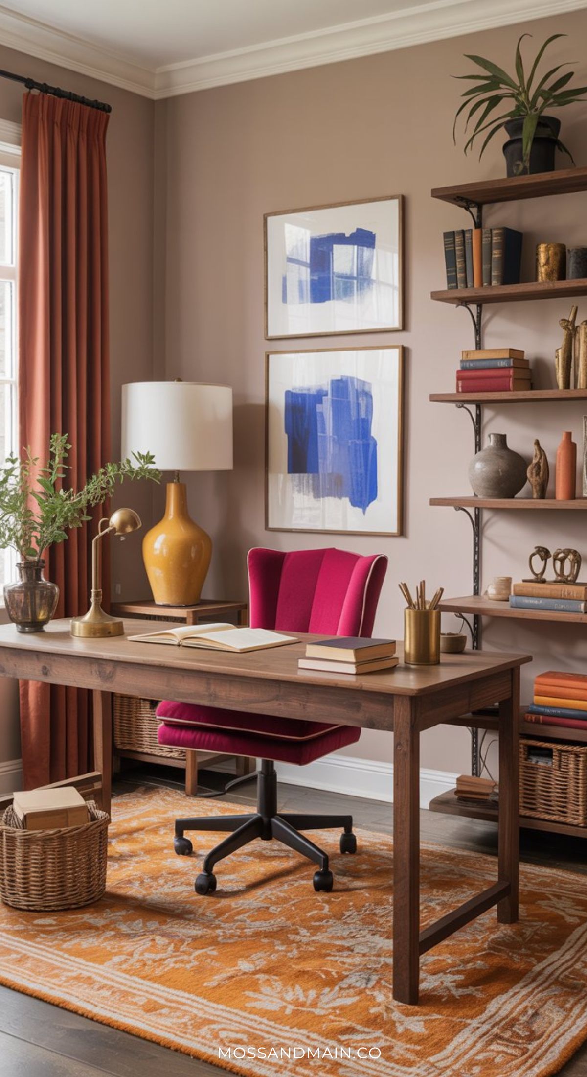 A stylish home office featuring 2026 design trends—a wooden desk, vibrant pink chair, gold lamp, books, and plants. Shelves line the wall, while rust curtains frame large windows and an orange patterned rug brightens the space.