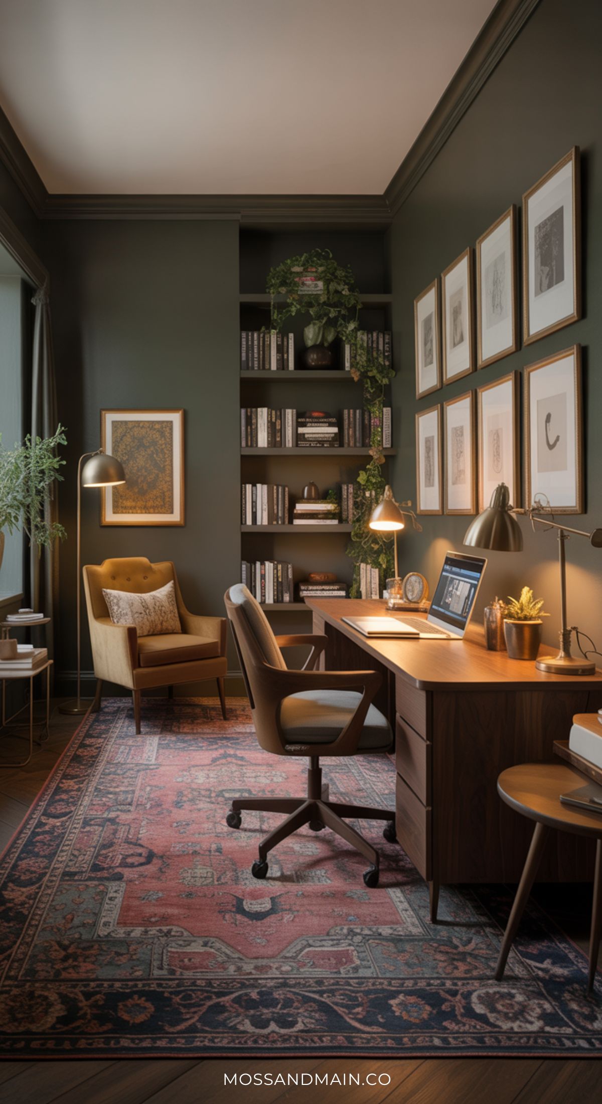 A stylish home office with dark green walls, a wooden desk, laptop, brown chair, bookshelf with plants, framed art, and a mustard armchair embraces top Home Office Design trends for 2026. Soft lighting and a patterned rug create a cozy, inviting atmosphere.