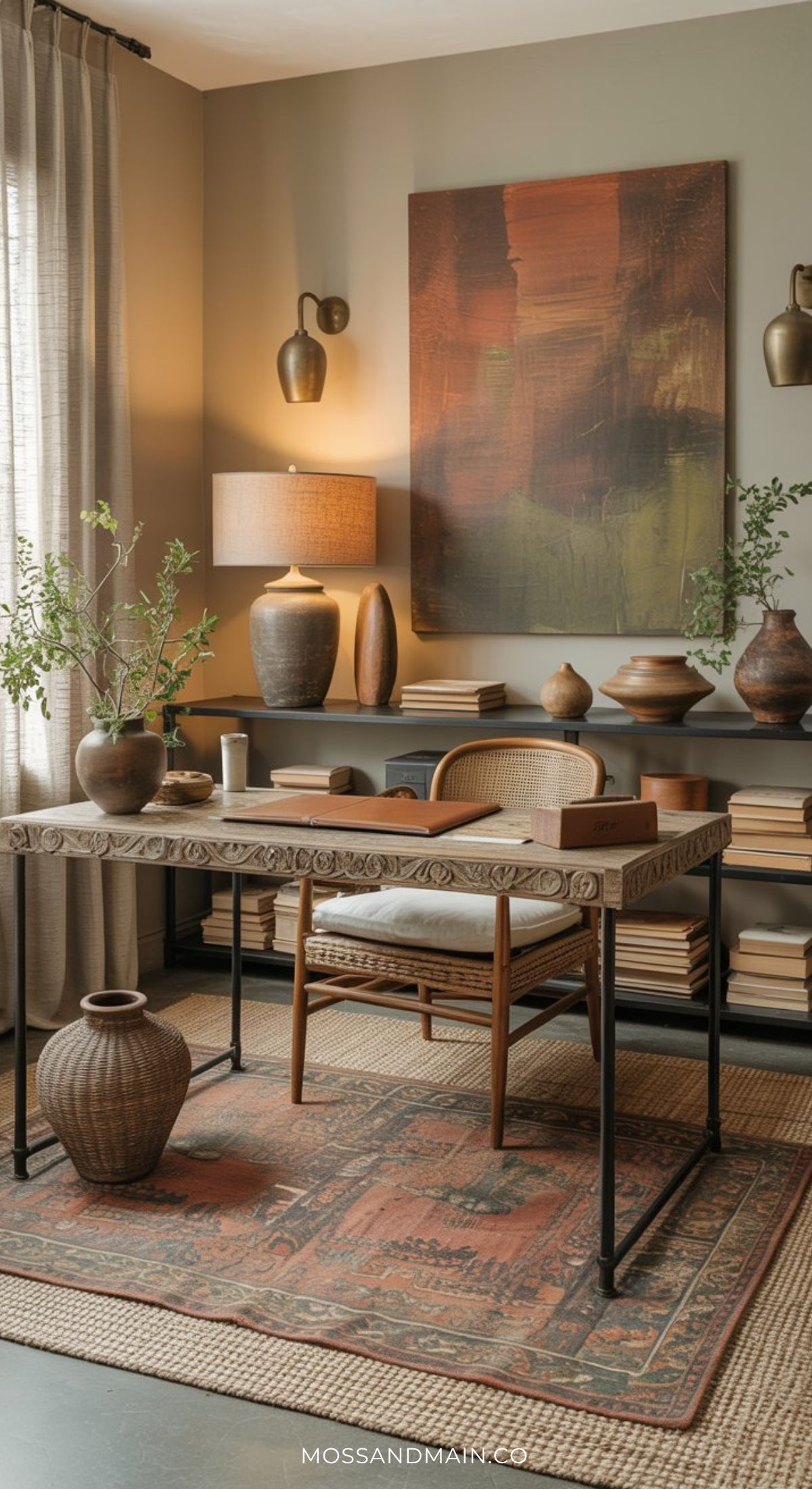A stylish home office design with earthy decor, including a carved wooden desk, rattan chair, woven rug, pottery, plants, a large abstract painting, and warm lighting from a table lamp—perfectly embodying 2026 home office trends.