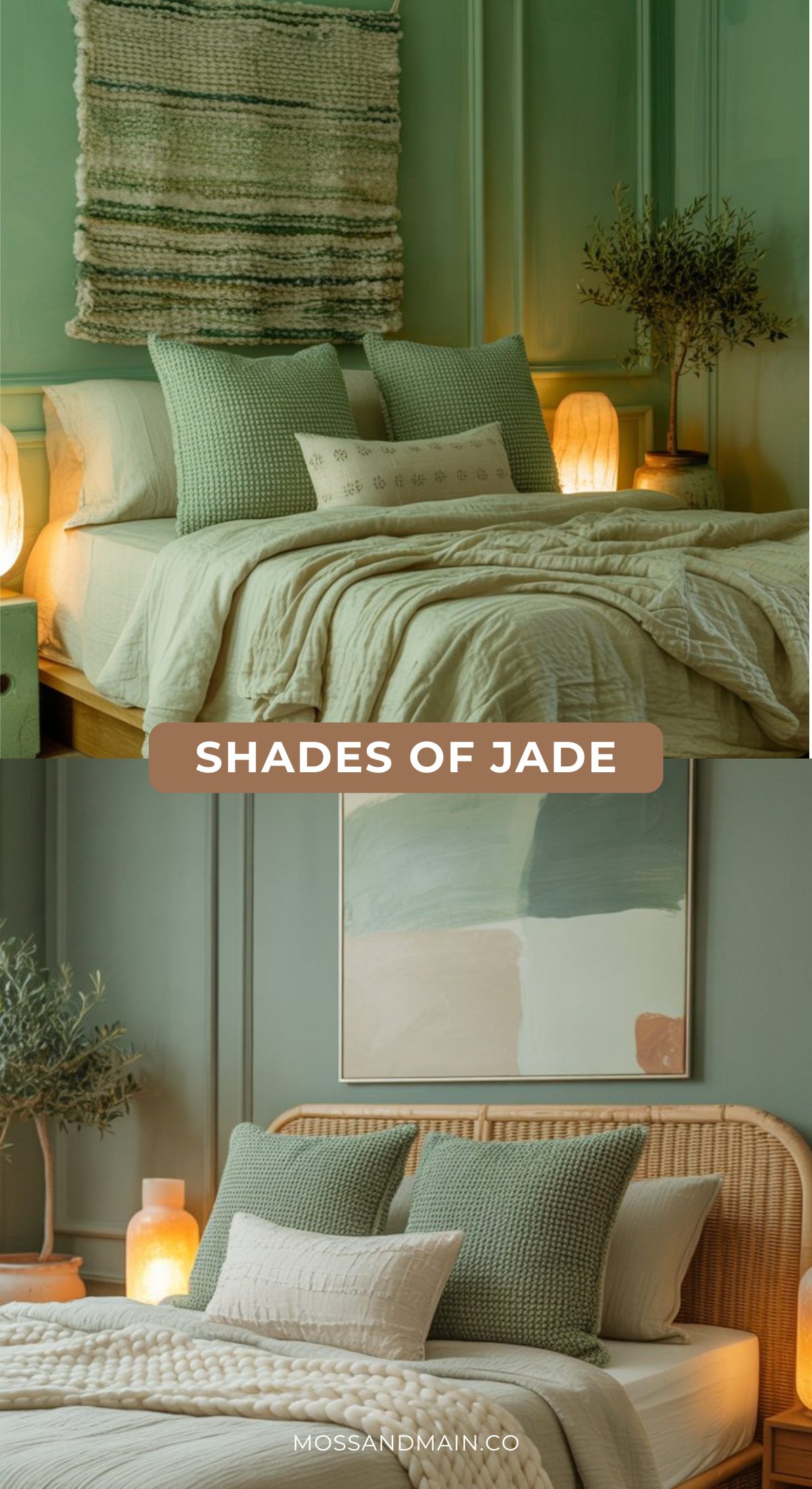 Two cozy bedrooms with green walls, light bedding, textured pillows, and soft lighting. Reflecting 2026 home trends and the psychology of color, potted plants and woven art create a soulful home vibe under the phrase Shades of Jade.