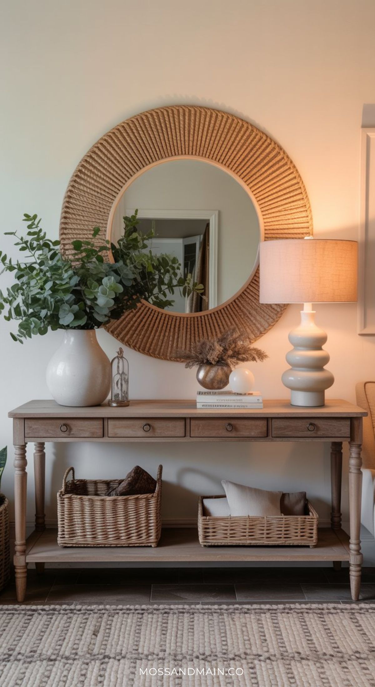A wooden entryway table with drawers holds a large white vase of greenery, a decorative lamp, books, and small decor. A round wicker mirror hangs above, with woven baskets stored on the shelf below for stylish entryway table decor.