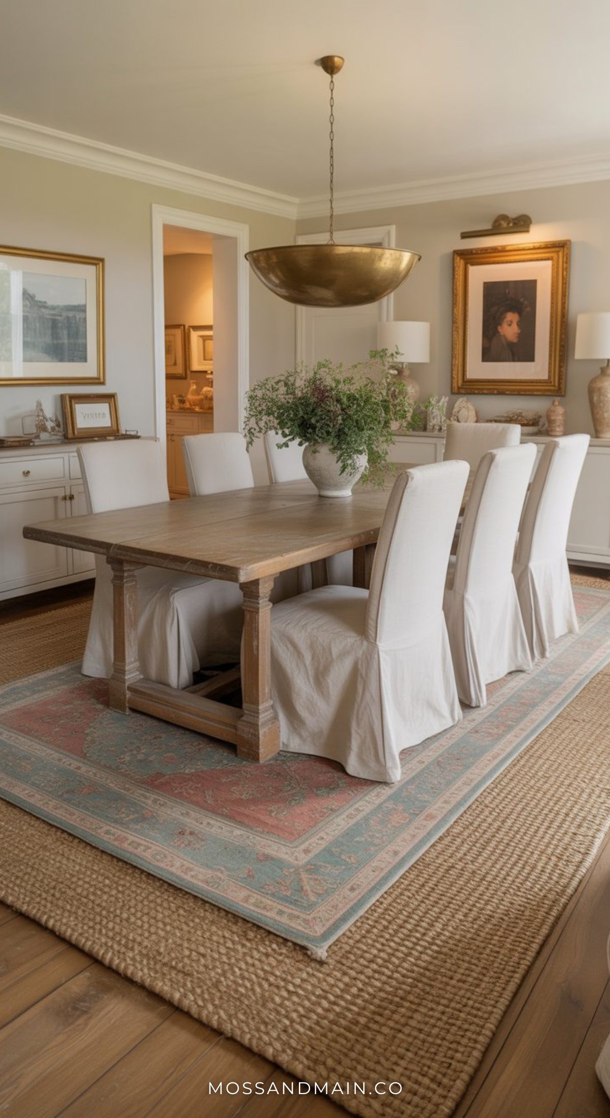 A cozy dining room with a wooden table, eight white slipcovered chairs, a large brass pendant light, a vase of flowers, framed art on the walls, and layered rugs creates a timeless dining room look.