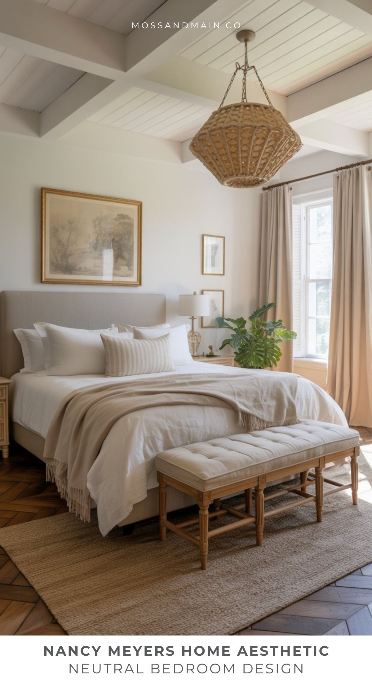 A cozy, neutral-toned bedroom with a tufted bed, layered bedding, woven rug, gold-framed art, and a woven pendant light captures the inviting Nancy Meyers home aesthetic. Large windows with beige curtains complete this effortlessly elegant space.