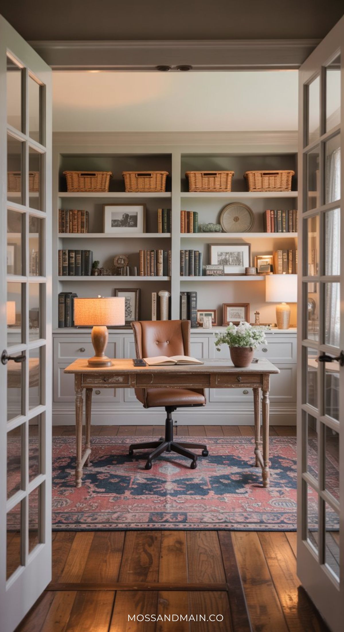 A cozy home office with a wooden desk, brown leather chair, table lamp, and potted plant exudes Nancy Meyers home aesthetic. Built-in white shelves hold books and photos as sunlight streams through glass double doors.