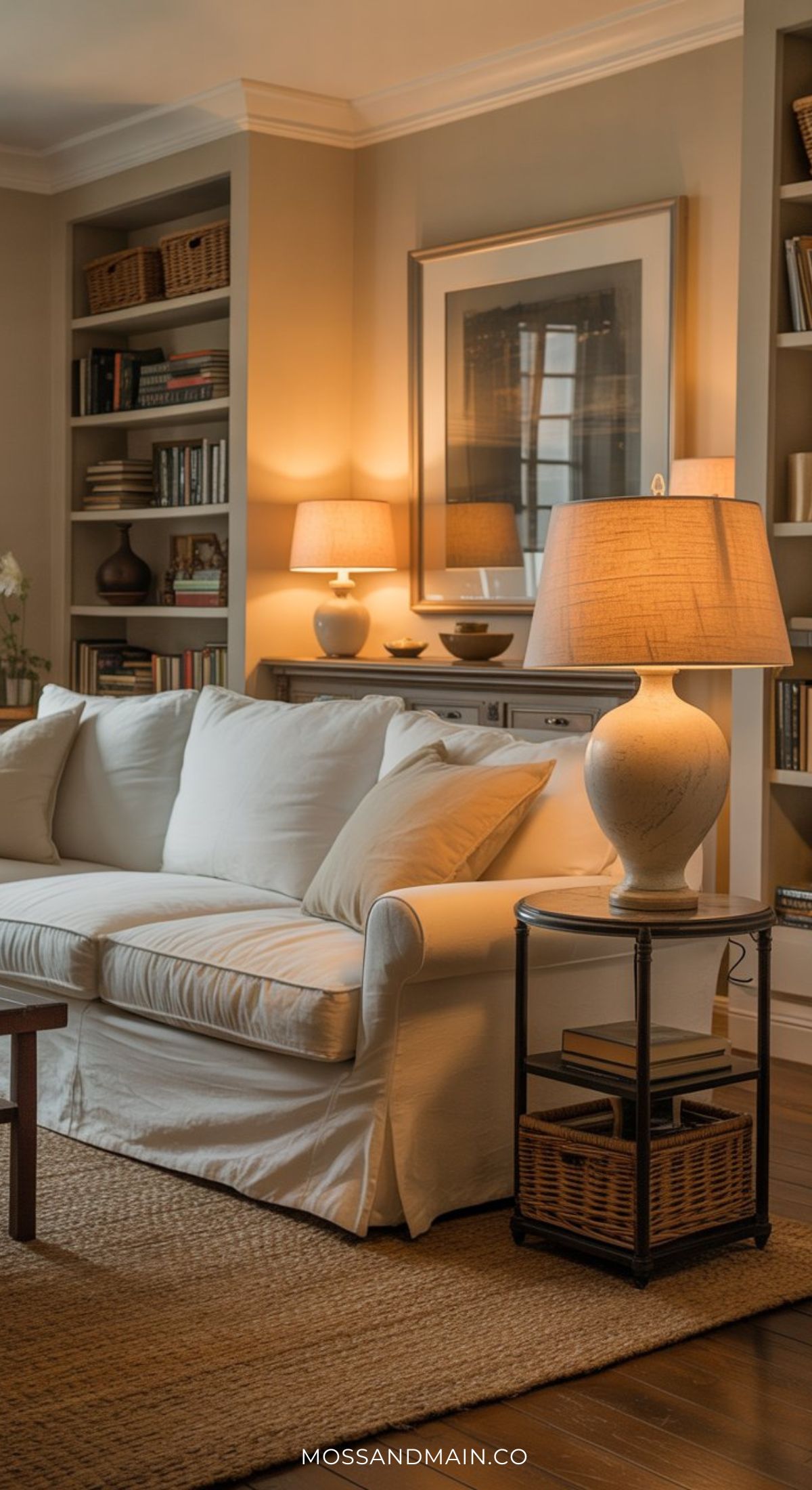 A cozy living room with a white sofa, side table with a lamp, bookshelves, warm lighting, framed artwork, and a woven rug on a wooden floor captures the inviting charm of Nancy Meyers interior design.