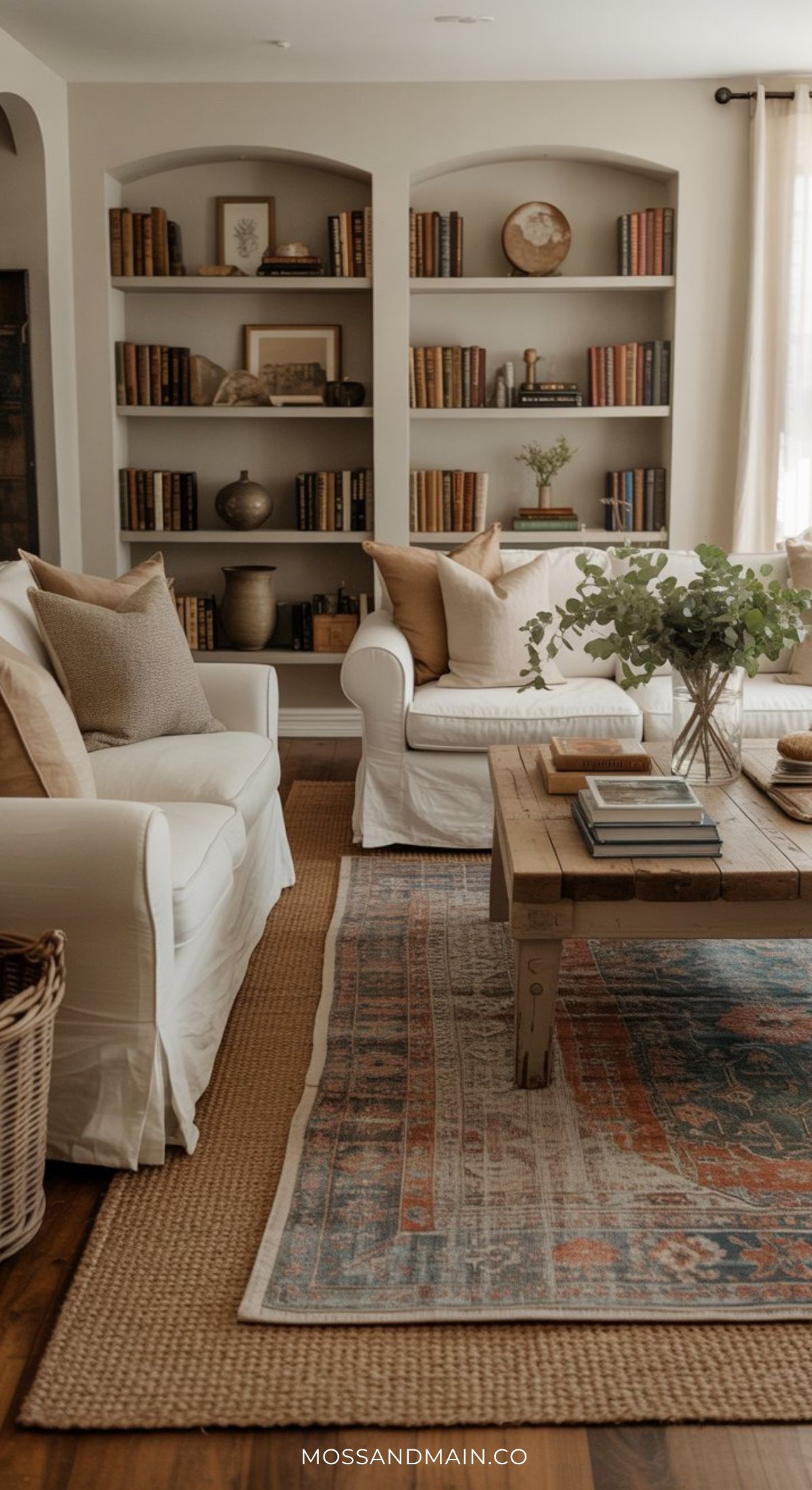 A cozy living room with two white armchairs, a wooden coffee table, and built-in bookshelves filled with books and decor captures the inviting Nancy Meyers home aesthetic. A patterned rug and plants add warmth as sunlight streams in through sheer curtains.