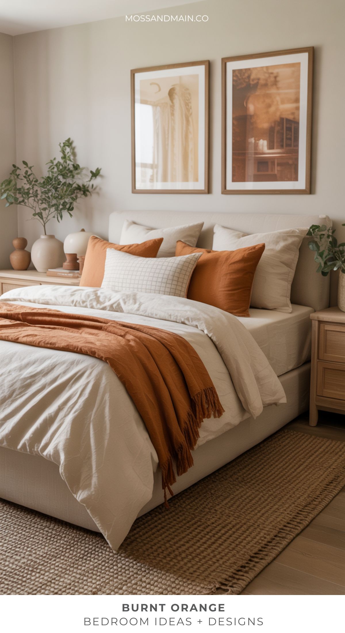 A cozy burnt orange bedroom featuring white bedding, neutral walls, two framed art prints above the bed, wooden nightstands, potted plants, and a woven rug. Text reads: Burnt Orange Bedroom Ideas + Designs for warm bedroom ideas.