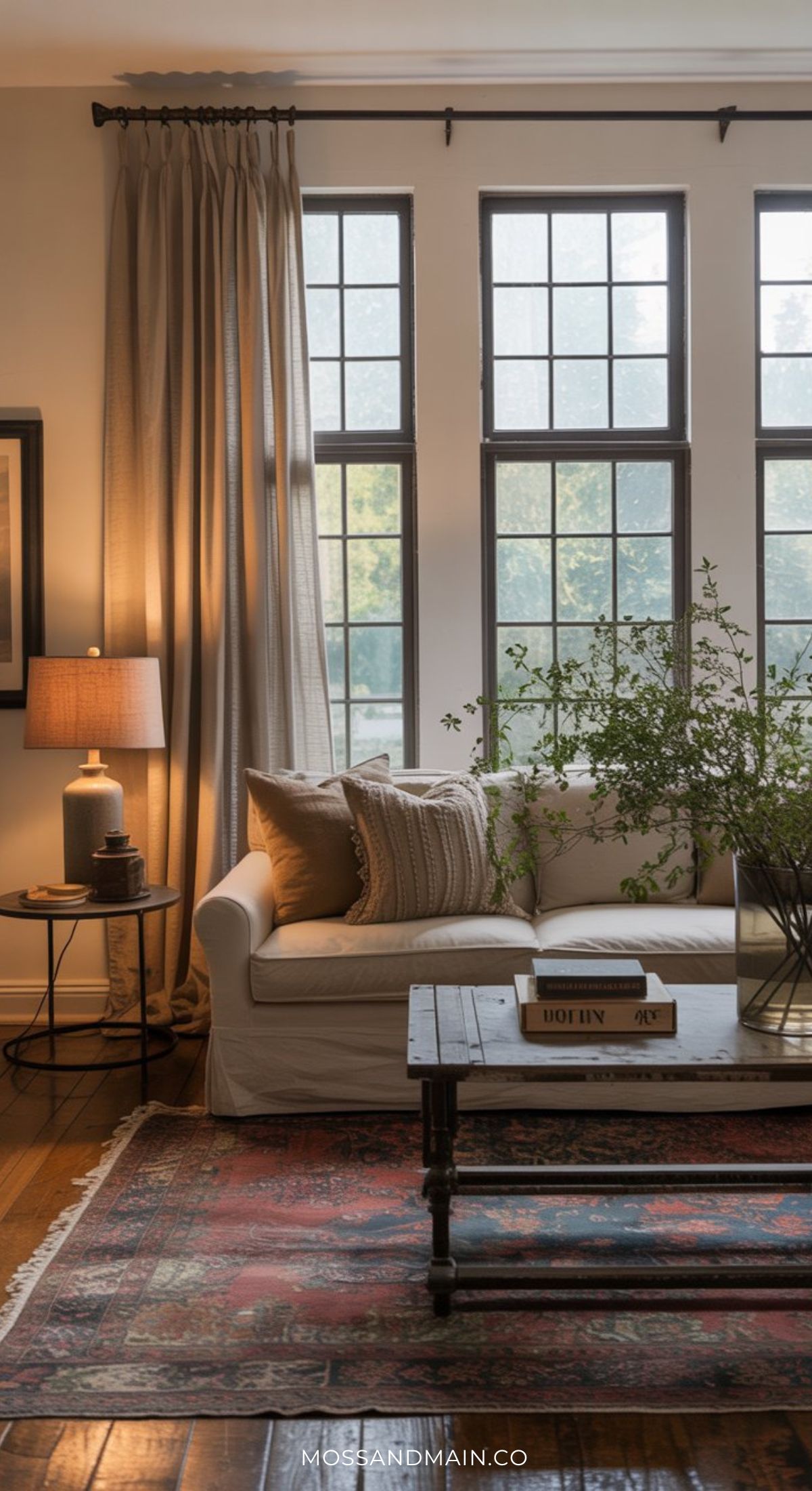 A cozy living room with a white sofa, neutral pillows, vintage rug, wooden coffee table, and tall windows letting in natural light—perfectly capturing the inviting Nancy Meyers home aesthetic.