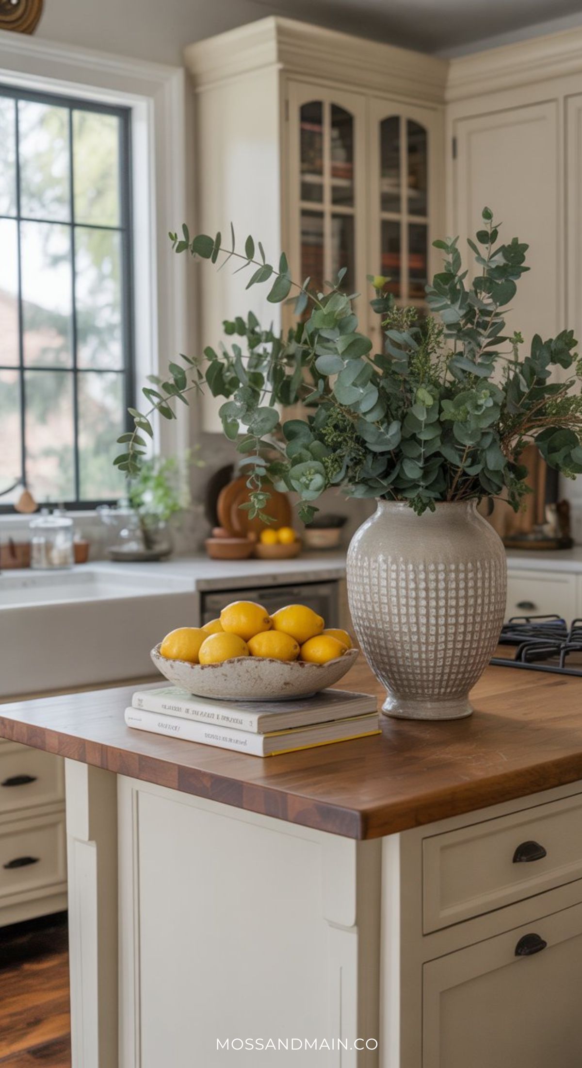 A kitchen island with a wooden countertop channels classic Nancy Meyers style, featuring a large vase of green foliage and a bowl of lemons on stacked books. Cream-colored cabinets and a farmhouse sink sit in the sunlit background near a window.