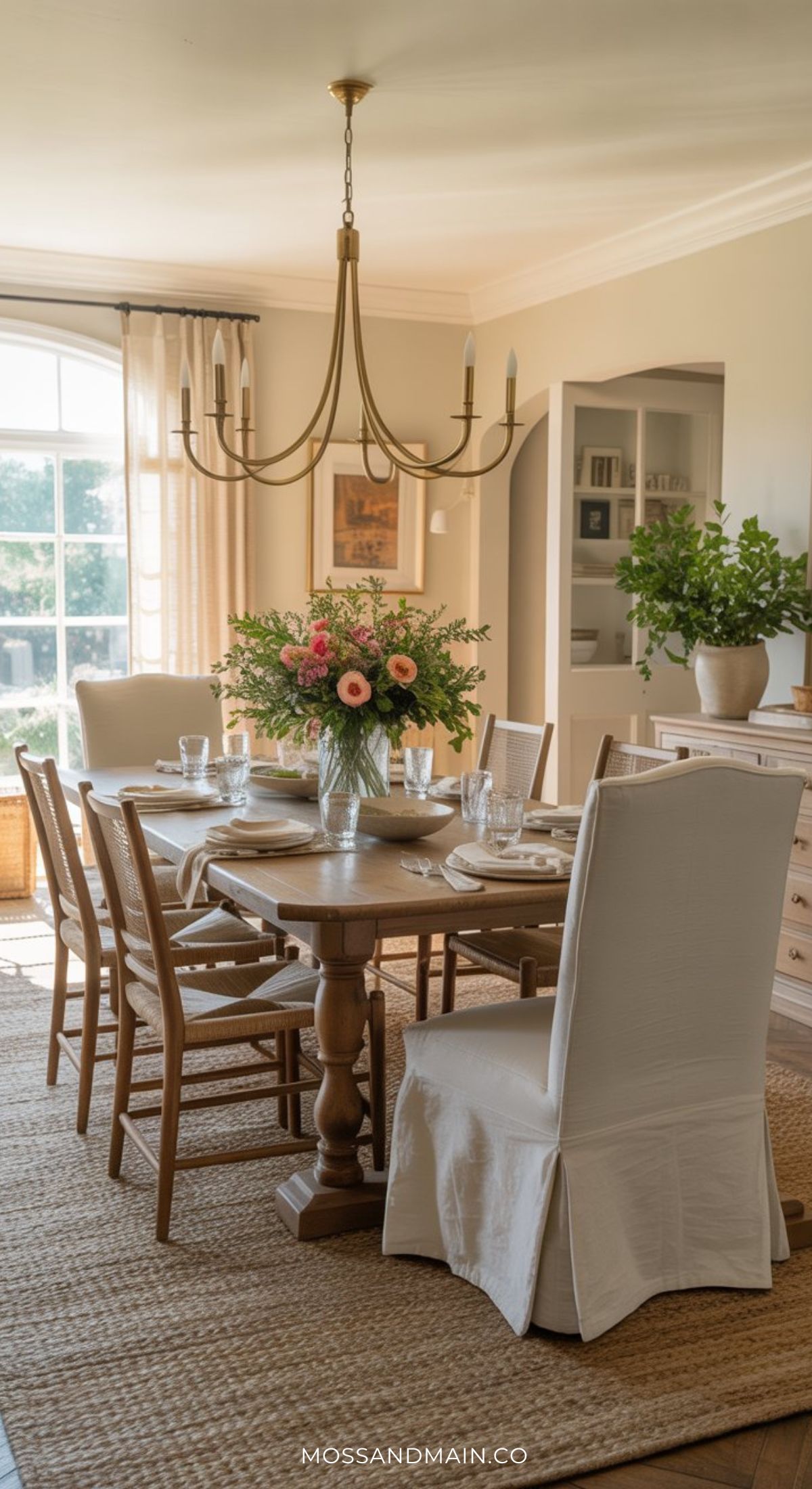 A bright, airy dining room with a wooden table set for six, surrounded by wooden and white slipcovered chairs. A large floral centerpiece and chandelier hang above—sunlit elegance inspired by the Nancy Meyers home aesthetic.