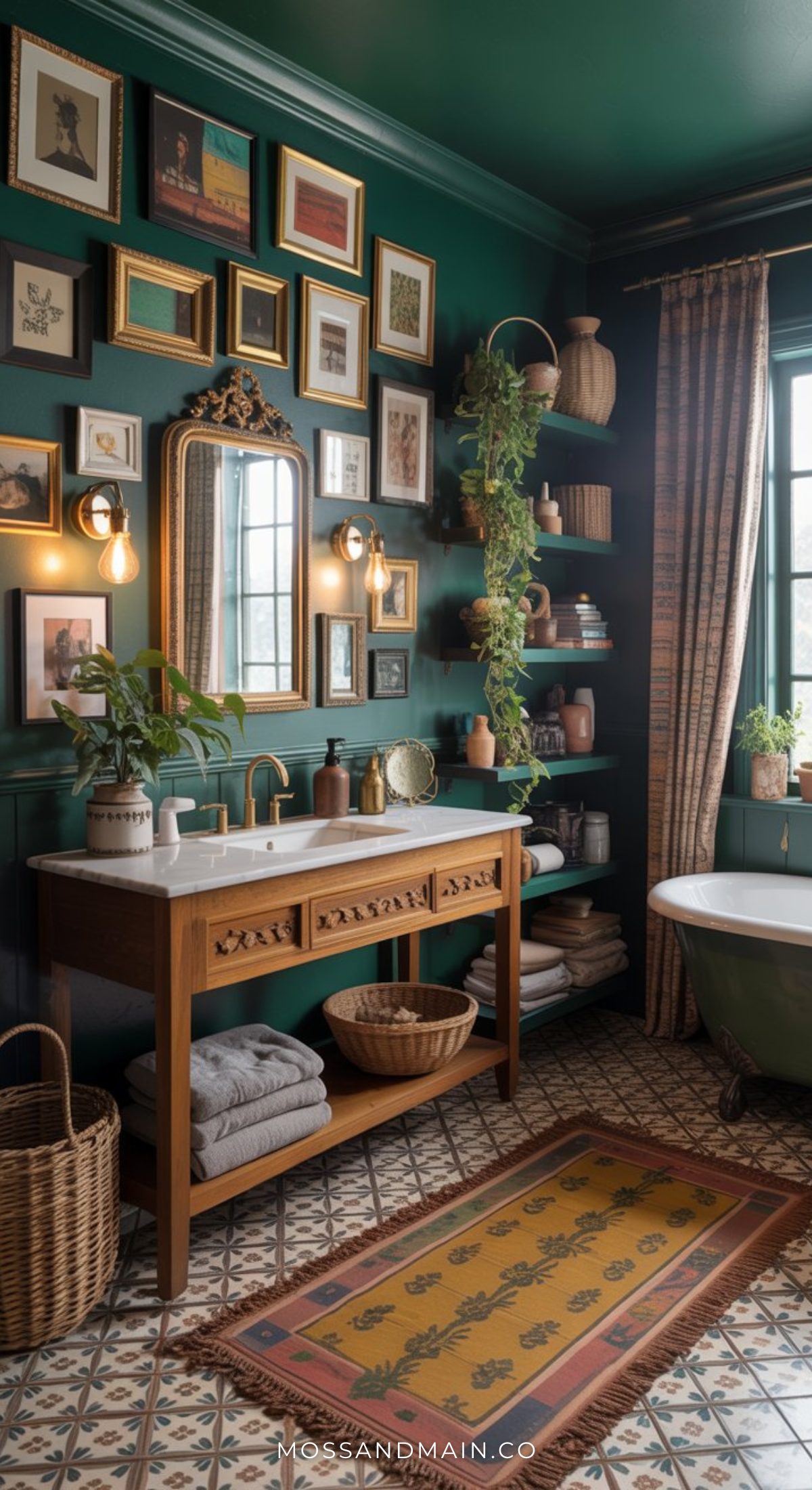 A moody bathroom with dark green walls, a gallery wall of framed art, a wooden vanity with a white sink, open shelves with decor, hanging plants, a clawfoot tub, patterned tile floor, and a yellow patterned rug.