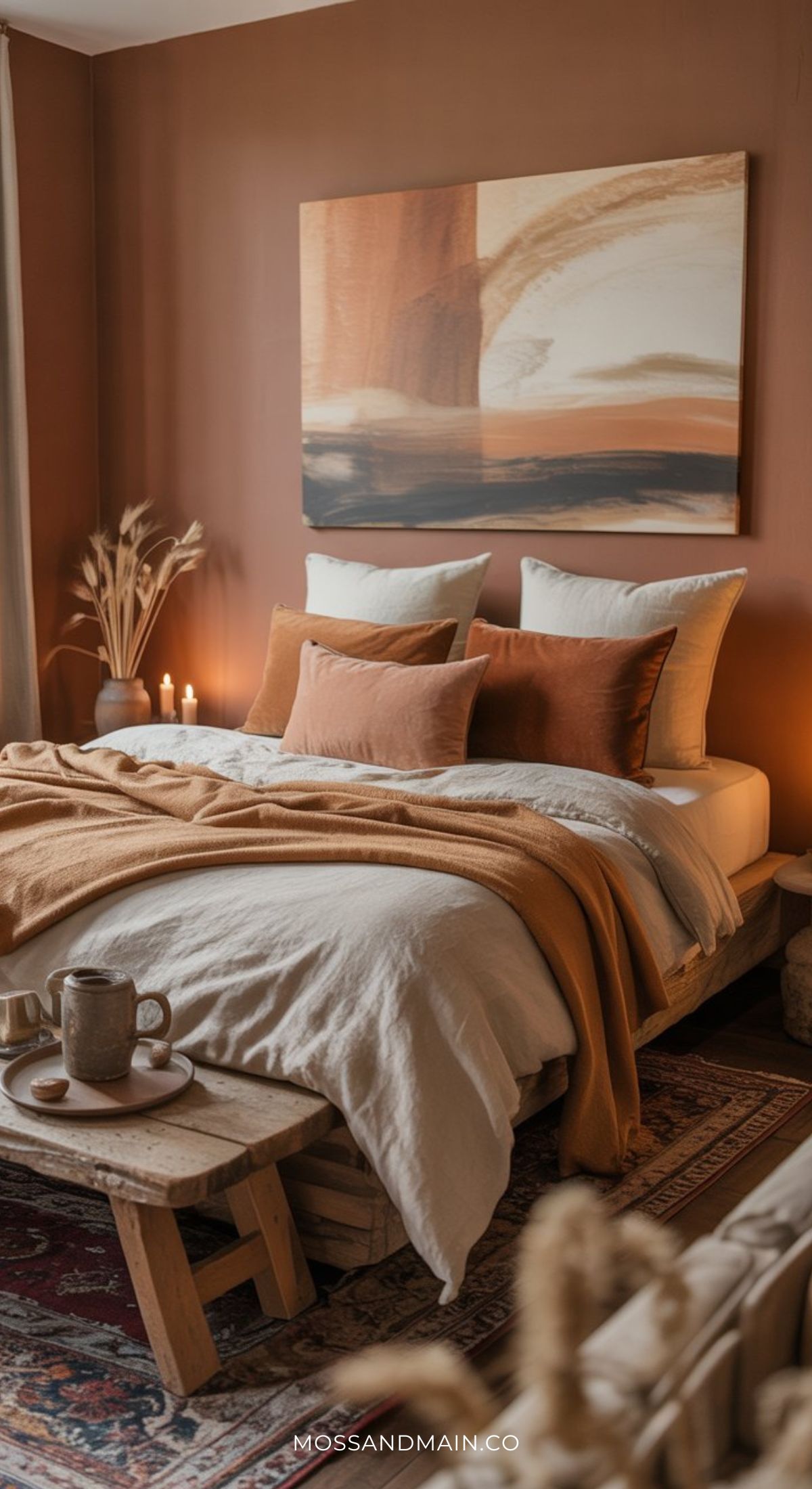 A cozy guest bedroom with earthy tones features a bed with white and brown bedding, rust-colored pillows, a wooden bench with tea set, dried plants, candles, and an abstract painting on a burnt orange wall.