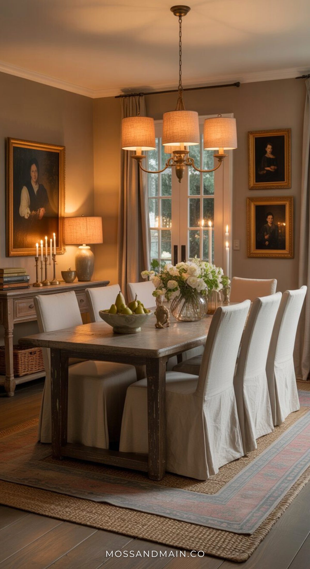 A cozy dining room with a rustic wooden table, six white slipcovered chairs, a vase of flowers, a bowl of pears, candles, lamps, framed portraits on the walls, and French doors evokes a timeless dining room straight from a Nancy Meyers film.