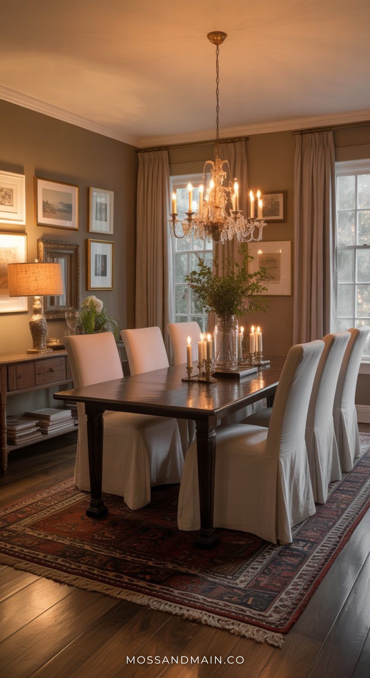 Elegant dining room with a dark wooden table, eight white slipcovered chairs, a vintage chandelier, candles, and framed artwork. Large windows and warm lighting evoke the charm of cozy dining room designs inspired by Nancy Meyers dining rooms.