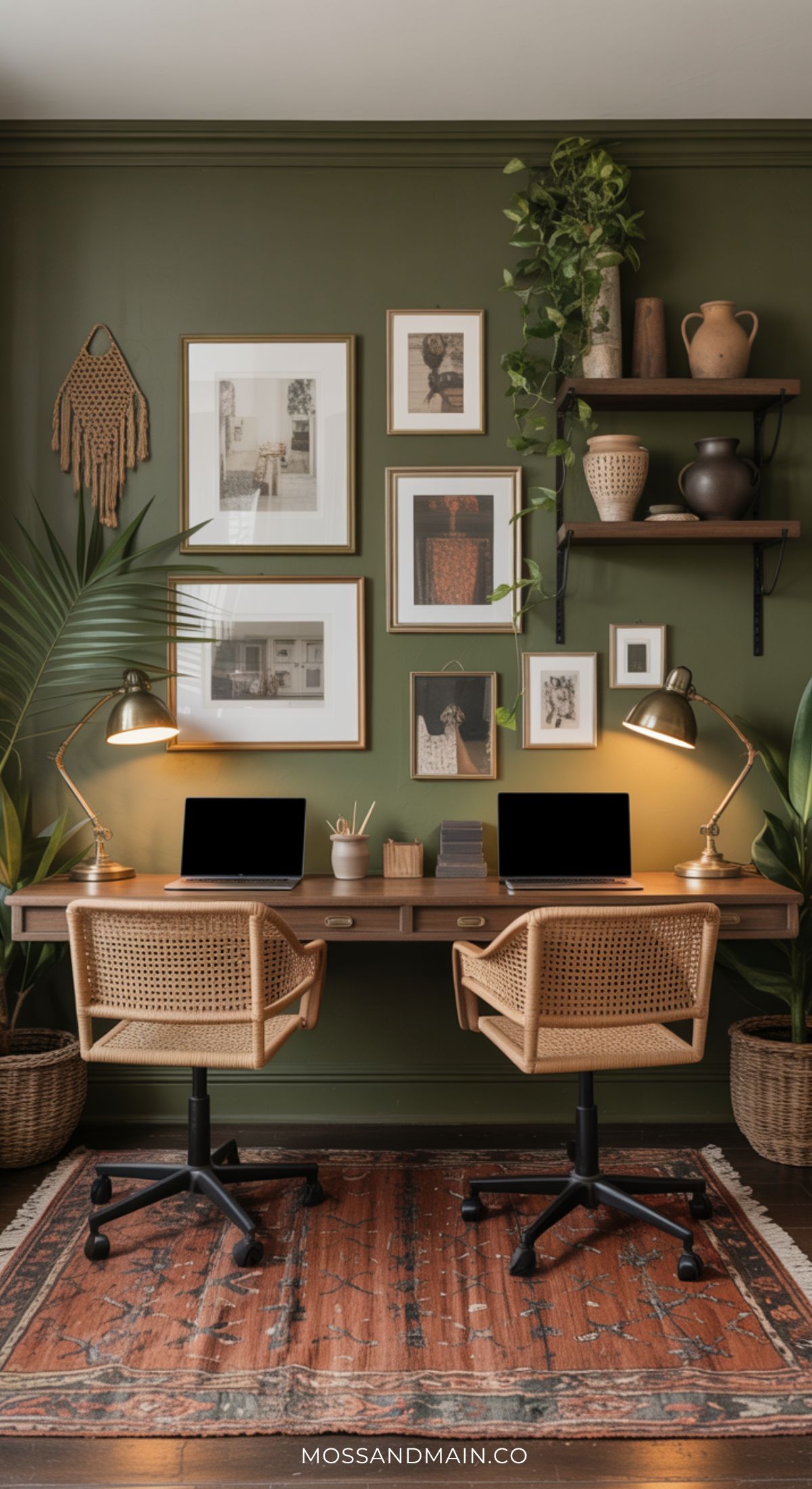 A stylish, moody home office with two rattan chairs, twin desks with laptops, gold lamps, green walls, framed art, plants, shelves with pottery, and a patterned rug—perfect for those seeking unique home office ideas.