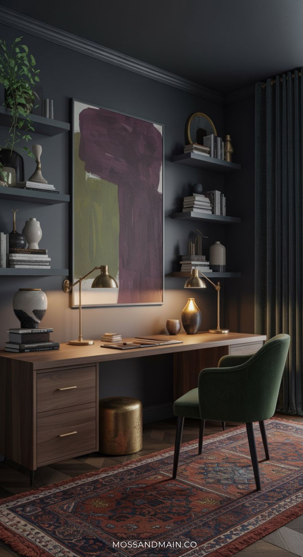 A modern home office with a wooden desk, green velvet chair, gold desk lamp, shelves with books and decor, abstract artwork, and a patterned rug in a dark, moody room—perfect inspiration for Home Office Design enthusiasts.