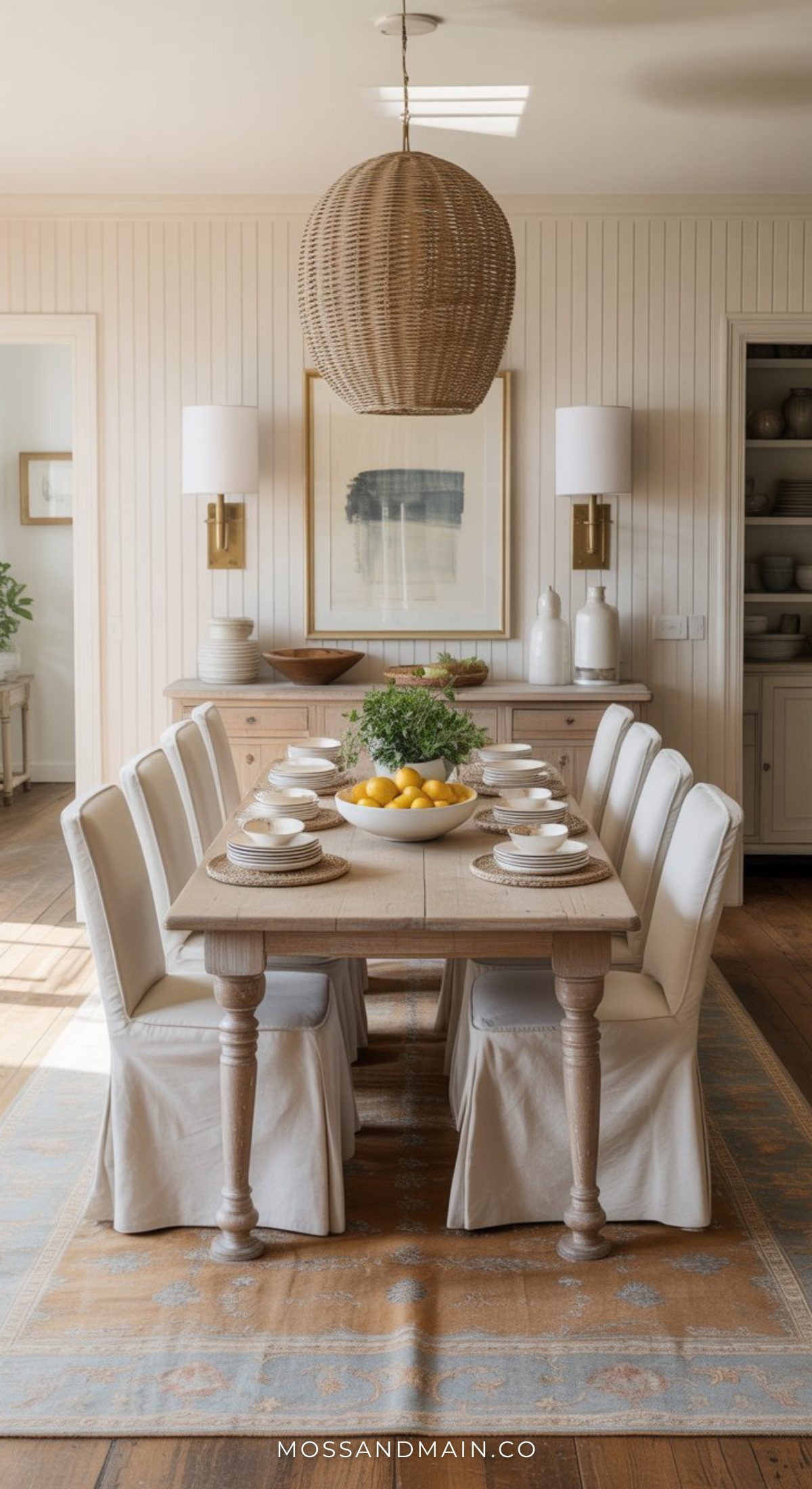A bright, cozy dining room with a wooden table set for eight, white slipcovered chairs, a woven pendant light, and a centerpiece of lemons and greenery evokes the inviting charm of a Nancy Meyers dining room. Wall art and sconces add to the timeless appeal.