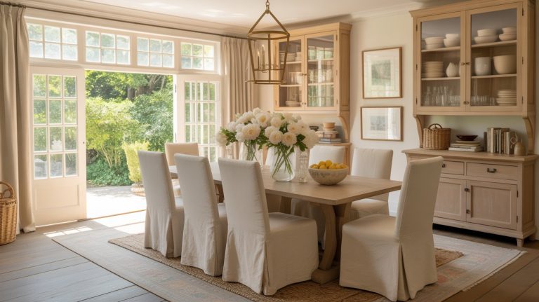 A bright, timeless dining room with a wooden table, six white slipcovered chairs, a vase of white flowers, large glass doors opening to a garden, and light wooden cabinets for dishes and books. Natural light fills this cozy dining room space.