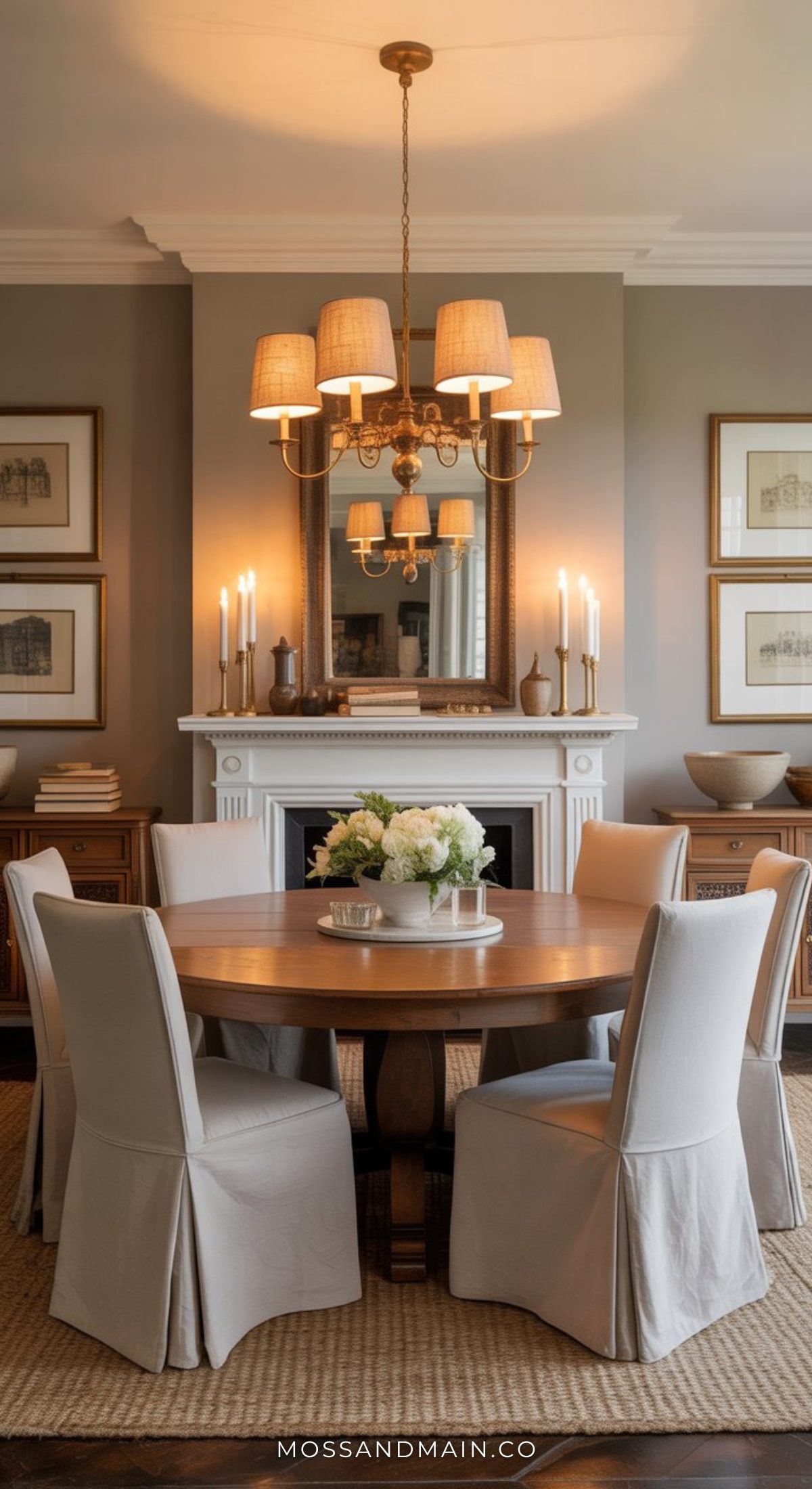 A round wooden dining table with five white slipcovered chairs sits on a rug in this cozy dining room design. Above hangs a chandelier; behind is a white fireplace with lit candles, a mirror, and framed artwork on gray walls.