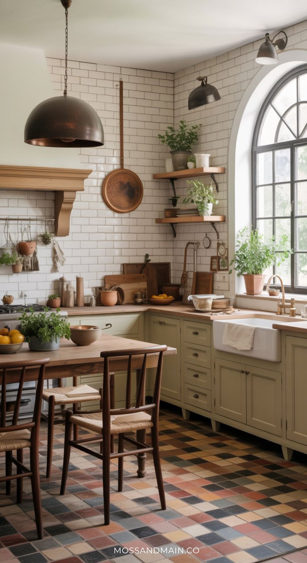 A cozy farmhouse kitchen with white subway tile walls, green cabinets, and open wooden shelves evokes the inviting Nancy Meyers home aesthetic—complete with a farmhouse sink under an arched window and a wooden dining table set on checkered tile floors.