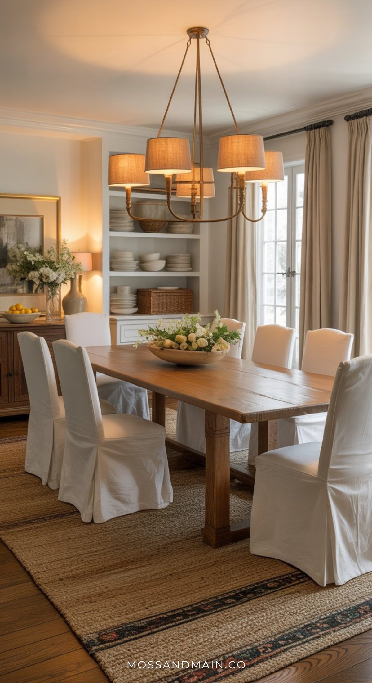 A cozy dining room inspired by the timeless style of a Nancy Meyers dining room, featuring a wooden table, six white slipcovered chairs, a bowl of white flowers, modern chandelier, abundant natural light, beige curtains, and a striped rug.