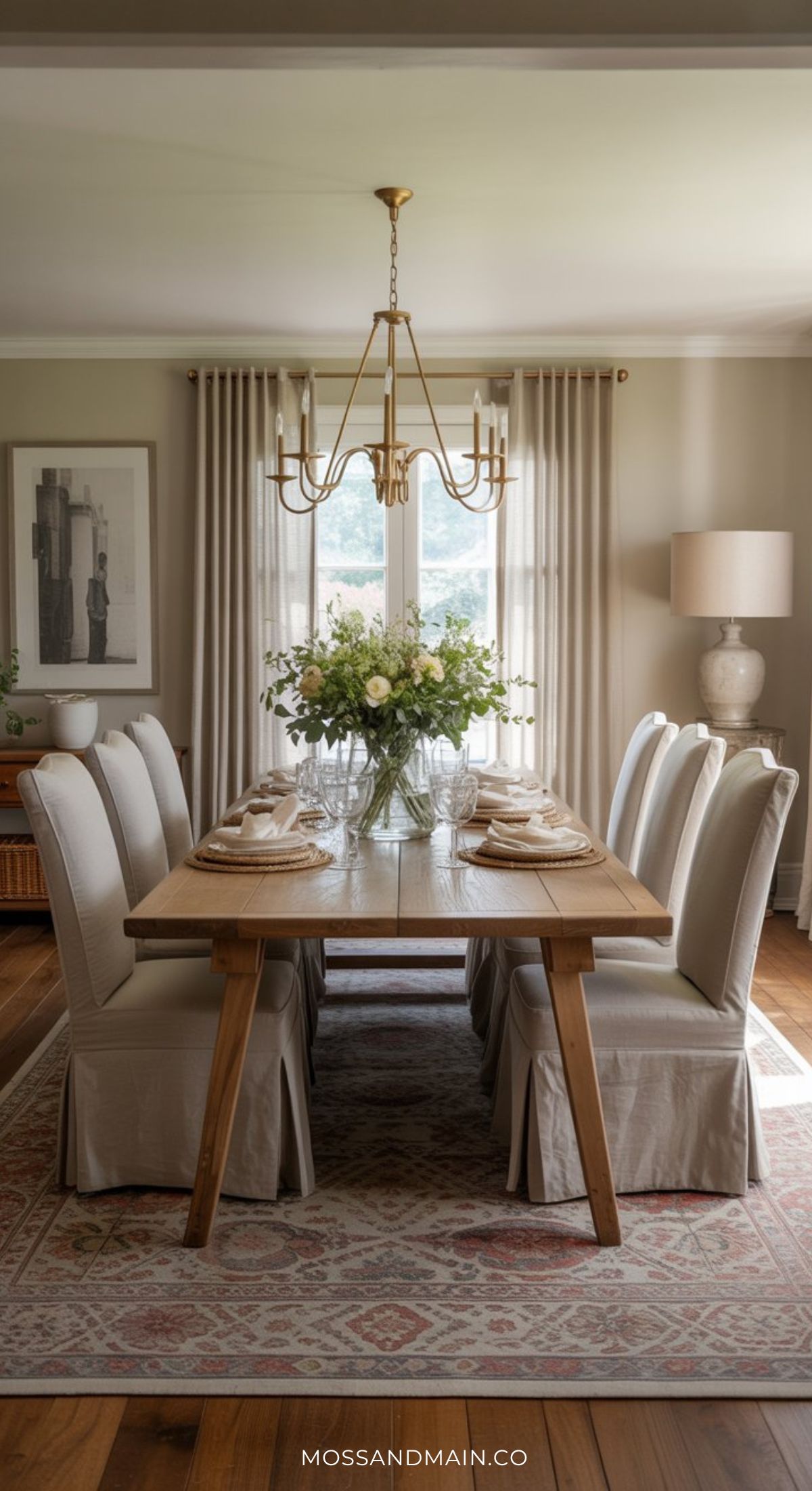 A bright dining room with a wooden table set for eight, white slipcovered chairs, and a large floral centerpiece captures the Nancy Meyers home aesthetic. Neutral curtains, brass chandelier, patterned rug, lamp, and framed art decorate the inviting space.