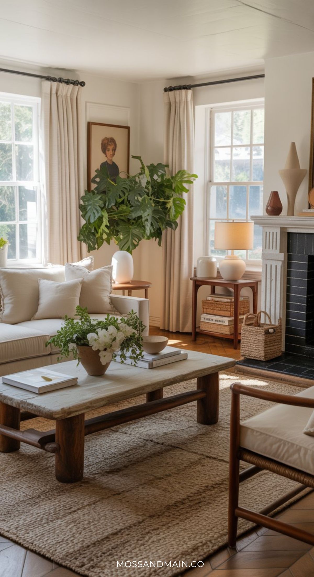 A cozy living room with neutral-toned furniture, a white sofa, wooden coffee table, woven rug, and plants. Light streams in from large windows with white curtains, evoking the inviting charm of a Nancy Meyers home aesthetic.