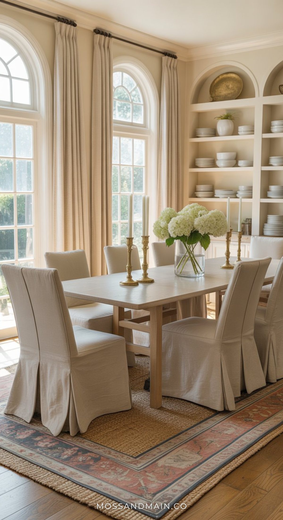 A bright, timeless dining room with a wooden table, white slipcovered chairs, gold candlesticks, and hydrangeas. Large windows with beige curtains let in sunlight while shelves display dishes. A patterned rug completes this cozy dining room.