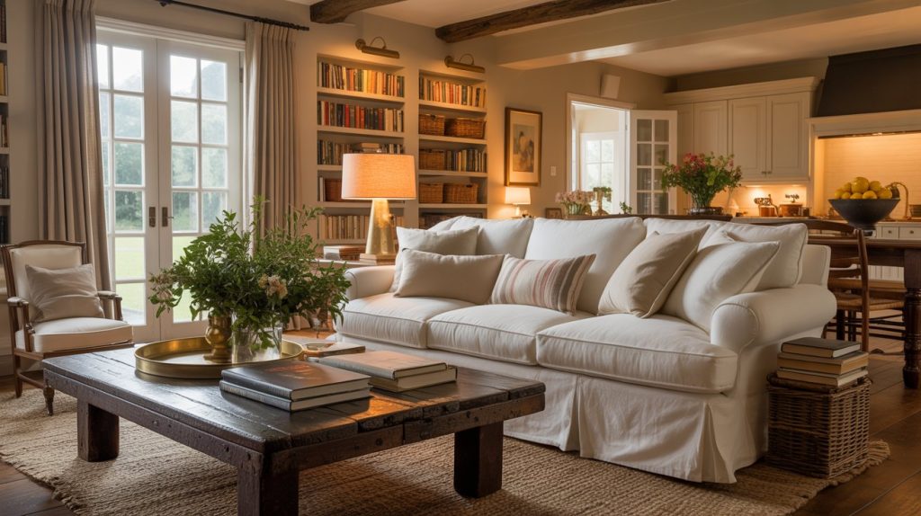 A cozy living room with a white sofa, wooden coffee table, bookshelves, and warm lighting captures the Nancy Meyers home aesthetic. Large windows fill the space with natural light, and the kitchen is visible in the background.