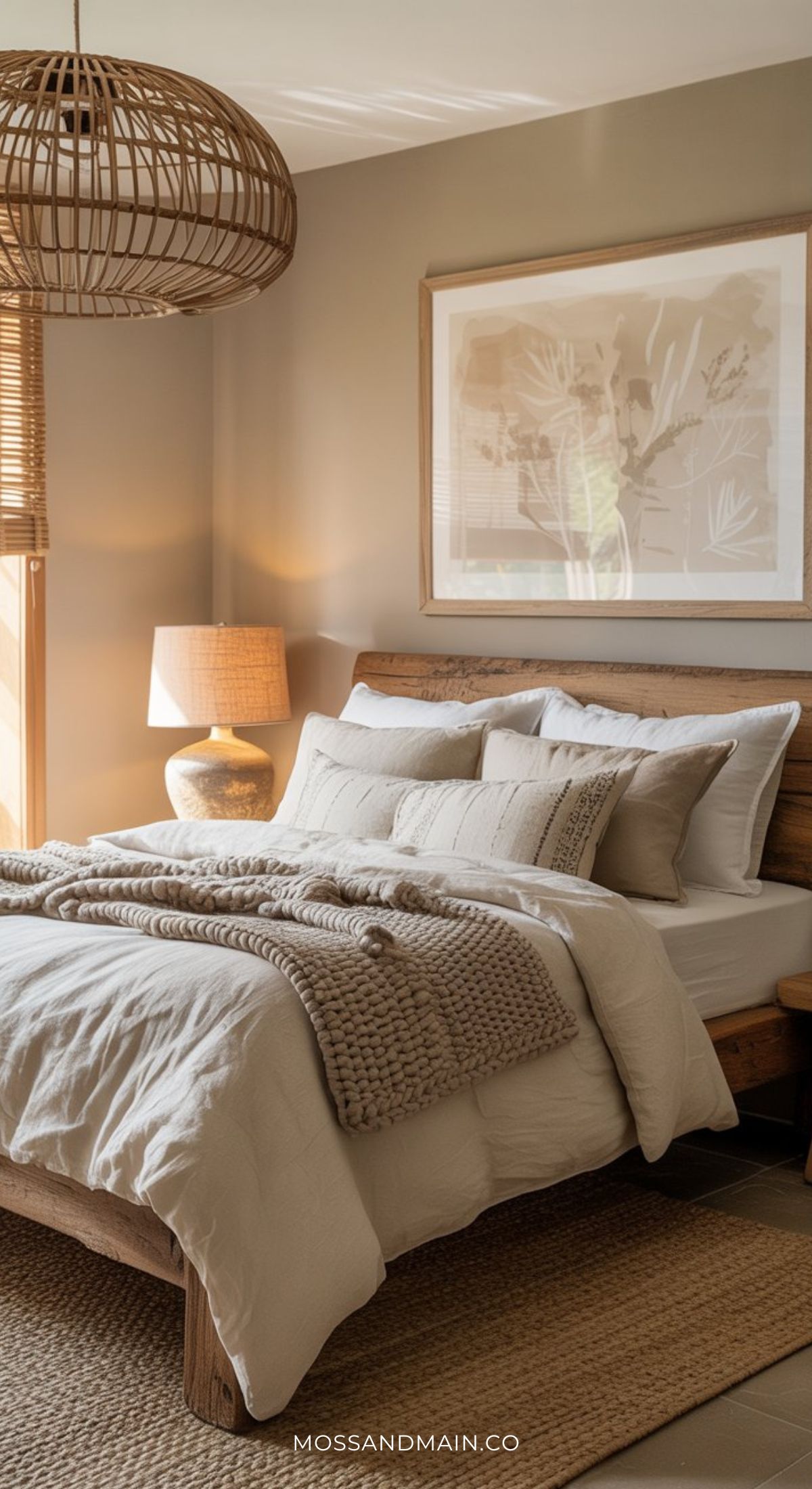 A cozy guest bedroom featuring a wooden bed, white and beige bedding, knit blanket, large framed art, woven pendant light, ceramic lamp, and natural woven rug. Sunlight filters through the window for an inviting retreat.