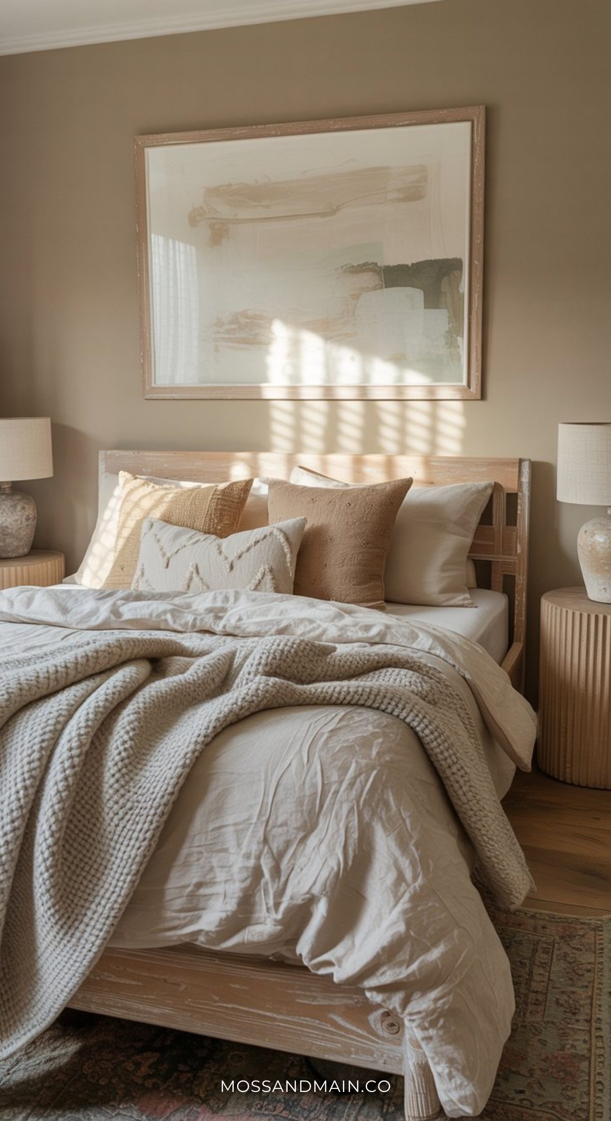 A cozy bedroom by Soulful Home features a neatly made bed with beige and cream bedding, multiple pillows, matching bedside tables with lamps, and a large abstract artwork above the headboard—embracing the Psychology of Color for tranquility.
