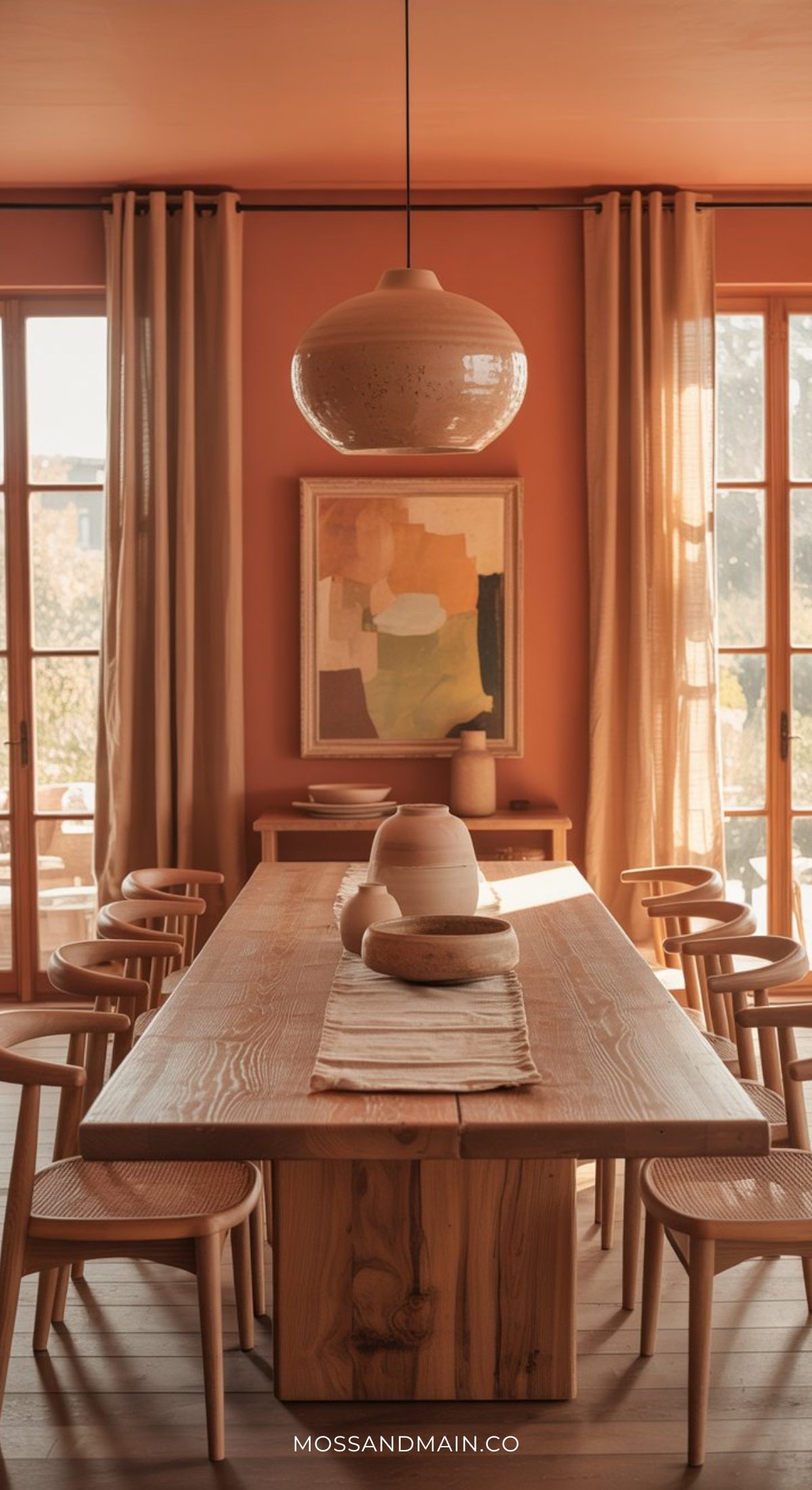 A warm, sunlit dining room creates a soulful home, with a wooden table, matching chairs, neutral pottery decor, beige curtains reflecting the psychology of color, abstract art on the wall, and a round pendant light above the table.