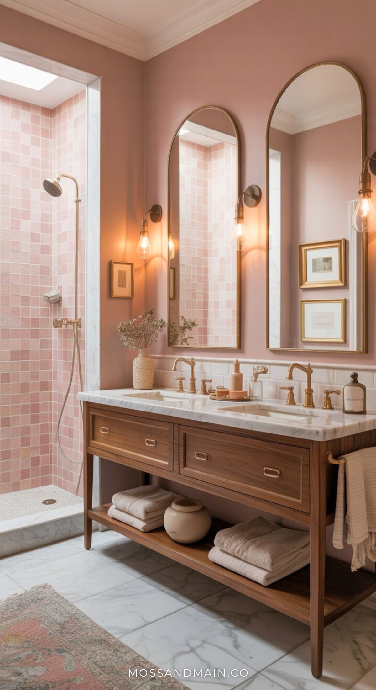A stylish bathroom with soft pink walls, a double sink vanity with gold fixtures, large mirrors, wall sconces, and a walk-in shower with pink tiles offers plenty of Pink Bathroom Ideas. Neatly folded towels rest on a wooden shelf for added charm.