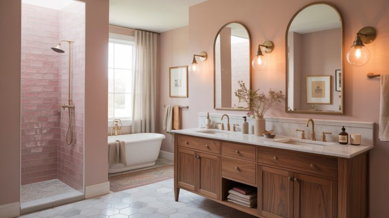 A stylish pink bathroom with blush walls, a wooden double-sink vanity, three oval mirrors, a freestanding bathtub, and a walk-in shower with pink tiles. Warm lighting and gold fixtures offer cozy elegance—perfect for chic pink bathroom ideas.