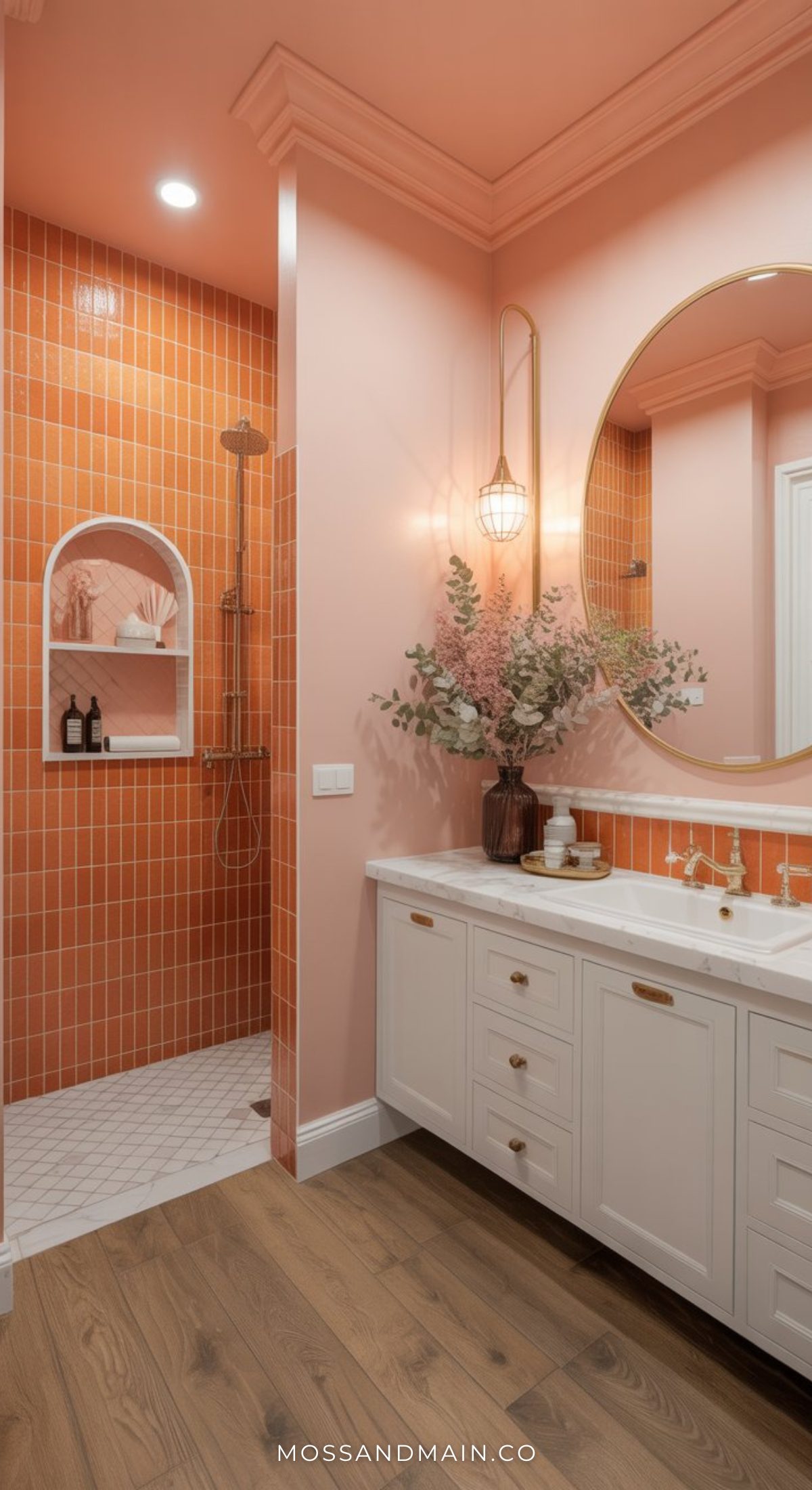 A modern bathroom with coral and peach tones, featuring an orange-tiled shower and wood flooring—perfect inspiration for those seeking bold bathroom decor or stylish bathrooms with a touch of elegance.