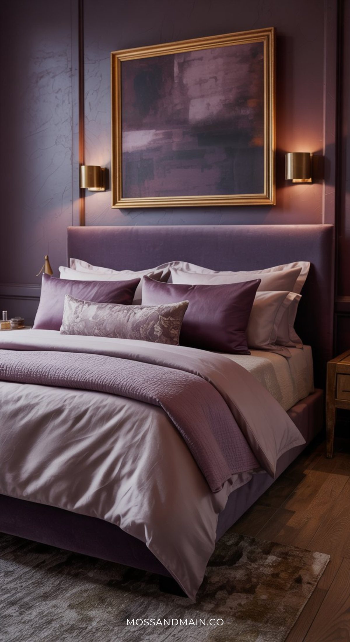 A stylish bedroom with a mauve and lavender color scheme, inspired by the Psychology of Color, features a neatly made bed, abstract painting above the headboard, two wall sconces, and a wooden nightstand—a true Soulful Home for 2026.