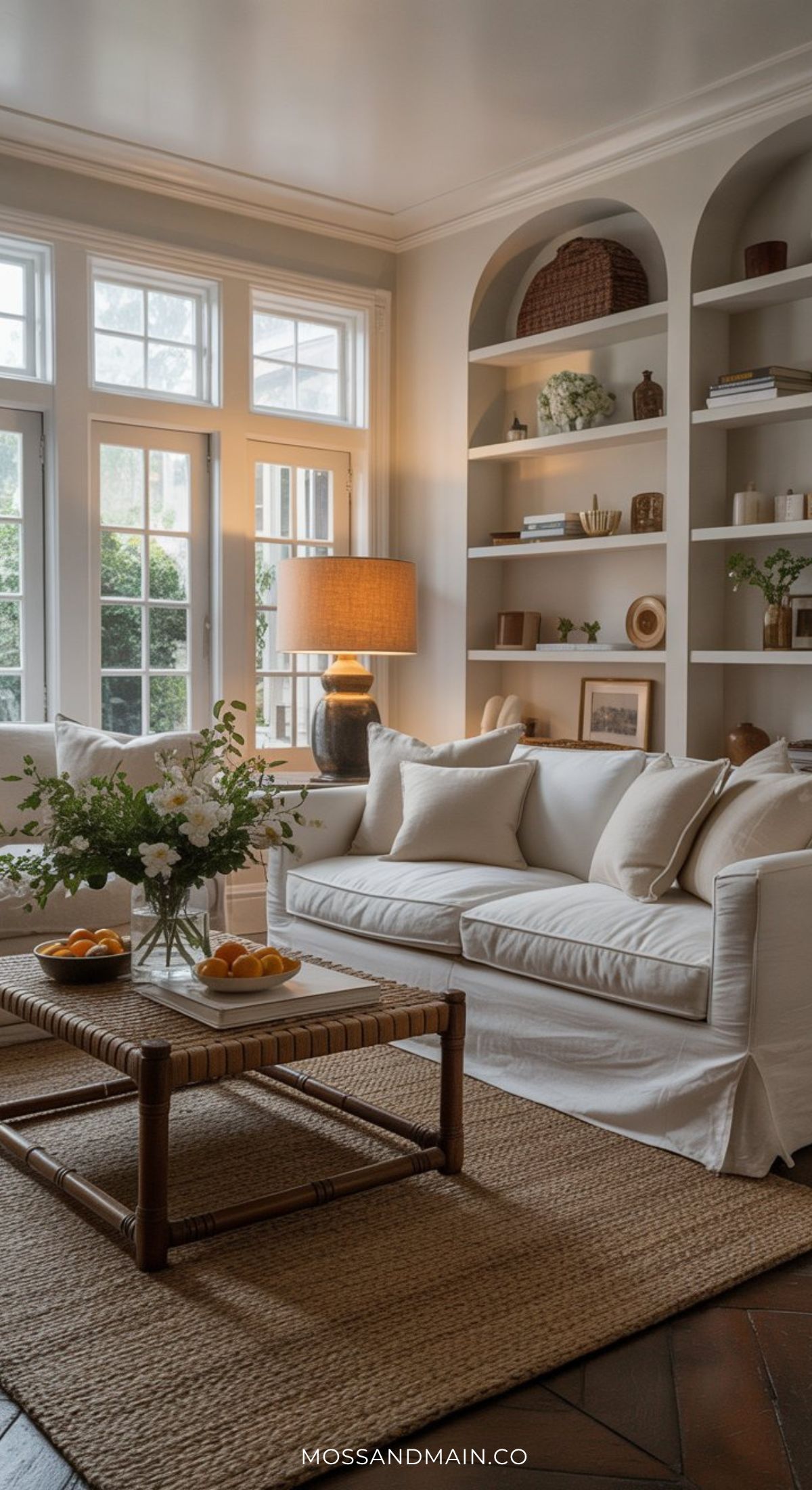 A cozy living room inspired by the Nancy Meyers home aesthetic features a white sofa, woven coffee table with flowers, jute rug, and built-in shelves filled with books and ceramics. Large windows flood the space with natural light.