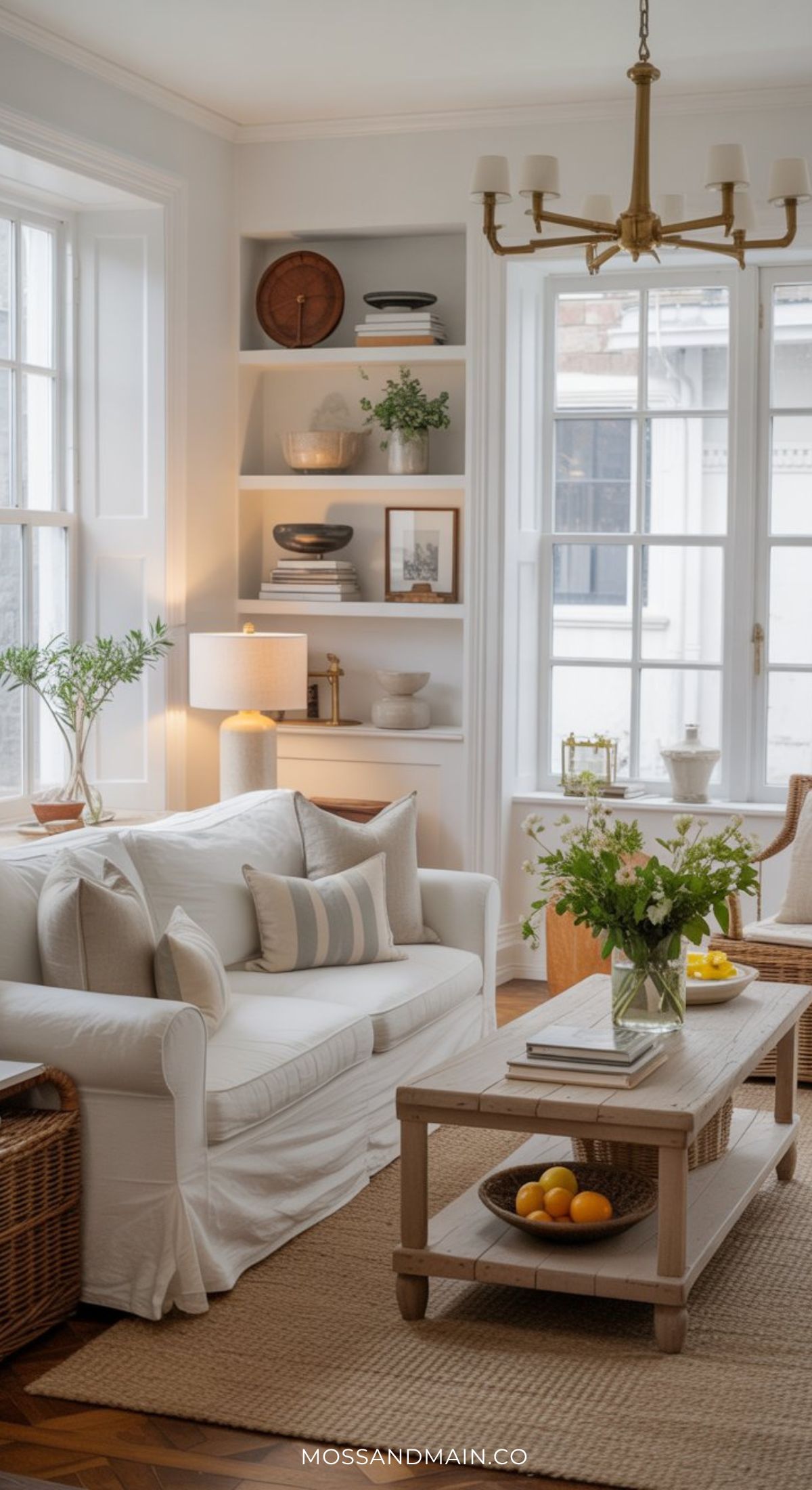 A cozy, well-lit living room with a white sofa, striped pillows, and a wooden coffee table topped with flowers and lemons, this space channels the inviting charm of a Nancy Meyers home aesthetic—complete with built-in shelves and sunlit windows.
