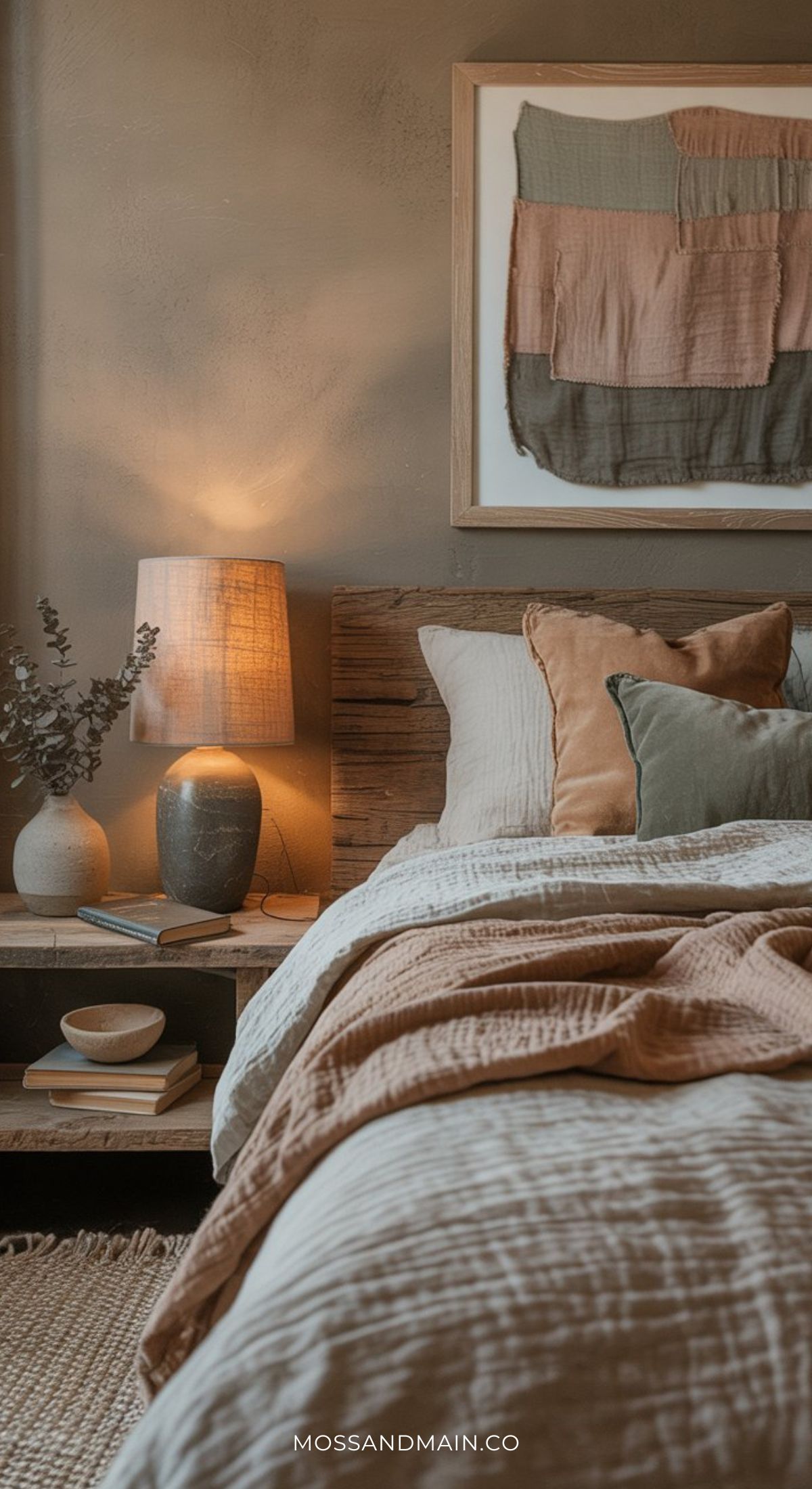 A cozy bedroom with a wooden bed, layered neutral bedding, a nightstand with a lamp and vase, and abstract textile art on the wall—perfect inspiration for earthy guest bedroom and cozy bedroom ideas that create a warm, inviting atmosphere.