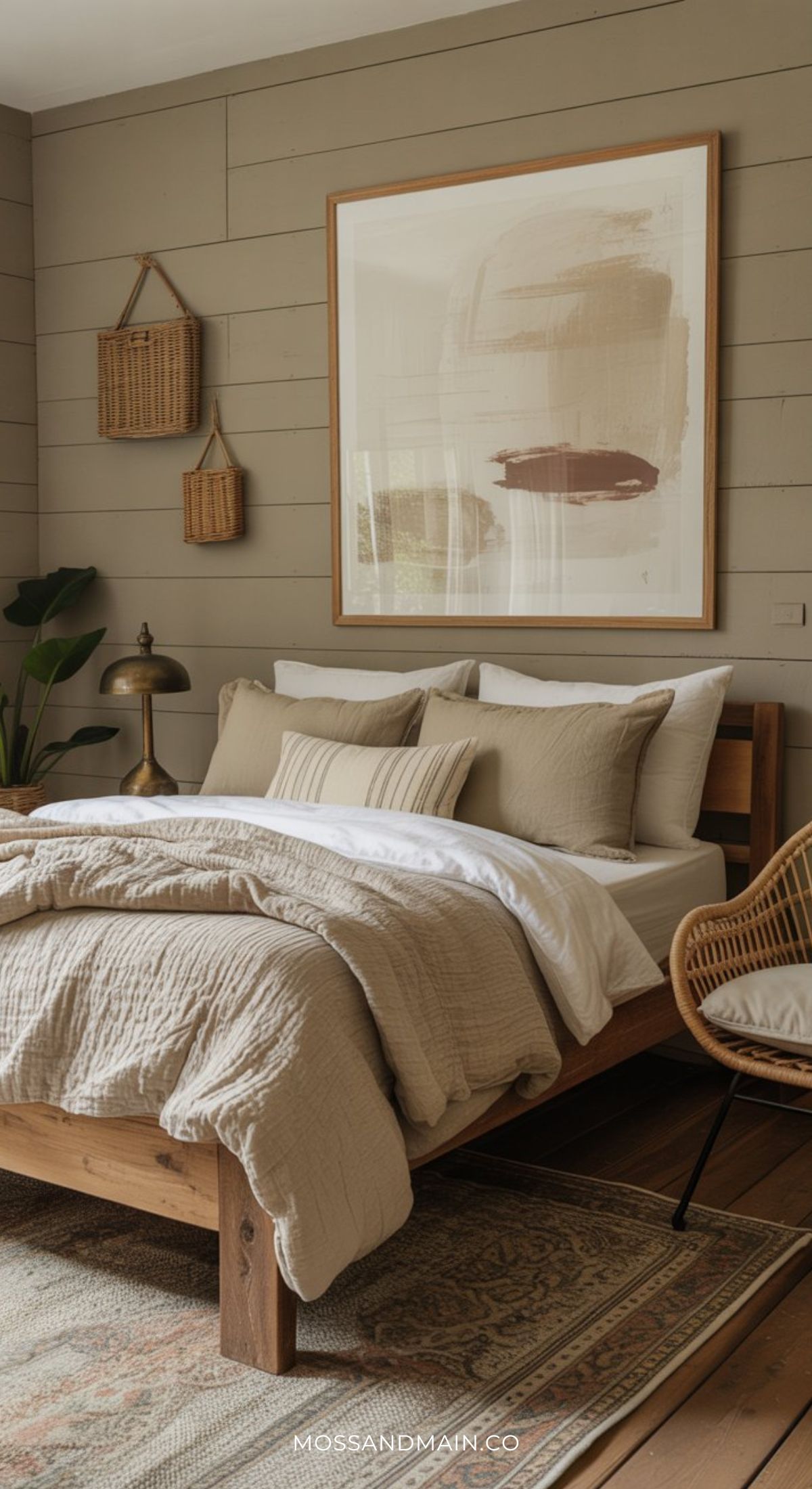 A cozy guest bedroom with a wooden bed, neutral bedding, pillows, and a woven chair. A large abstract painting hangs above the bed, while decorative baskets adorn the shiplap wall and a patterned rug warms the wooden floor.