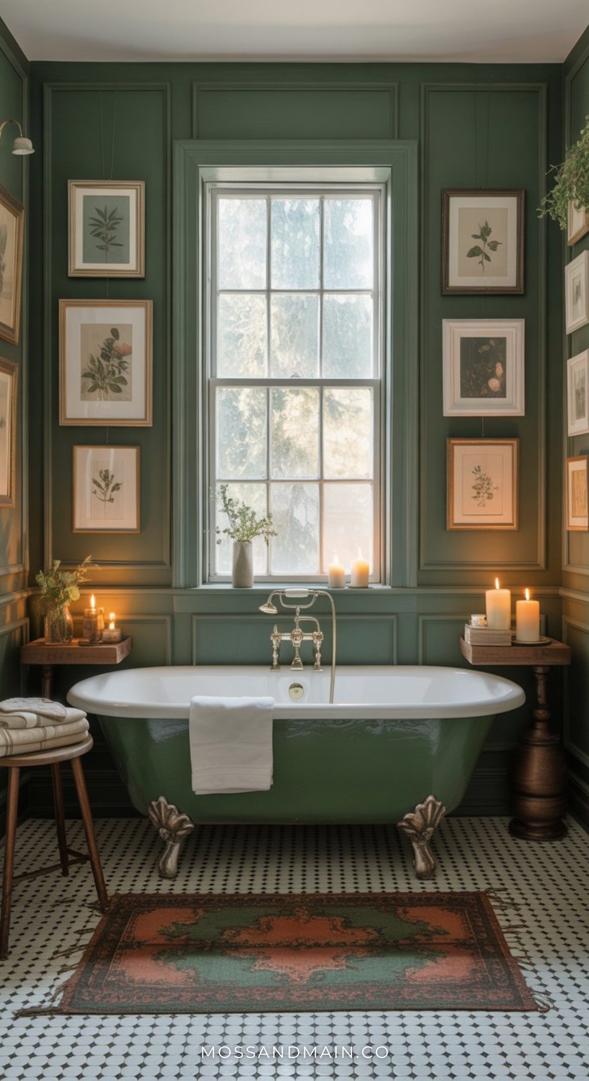 A luxe bathroom with green paneled walls, a white and green clawfoot tub, candles, framed botanical art, a patterned rug, a stool, and a large window letting in natural light creates a vintage-inspired yet moody bathroom retreat.