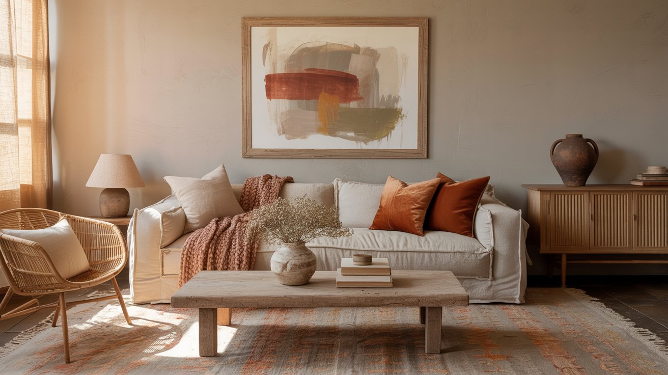 A cozy living room with a beige sofa, orange and tan pillows, a wooden coffee table, a wicker chair, a rug, a sideboard with a vase, and abstract art on the wall, all in warm, earthy tones.