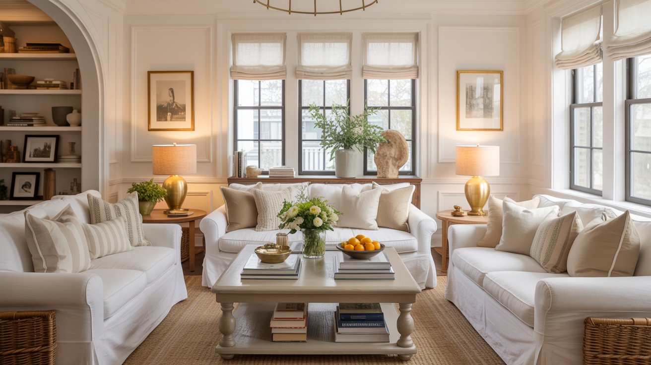 A bright, elegant living room with white sofas, cozy accents, and gold table lamps exudes a Nancy Meyers home aesthetic—neutral tones, fresh flowers and oranges on the coffee table, artwork, and large windows flooding the space with natural light.