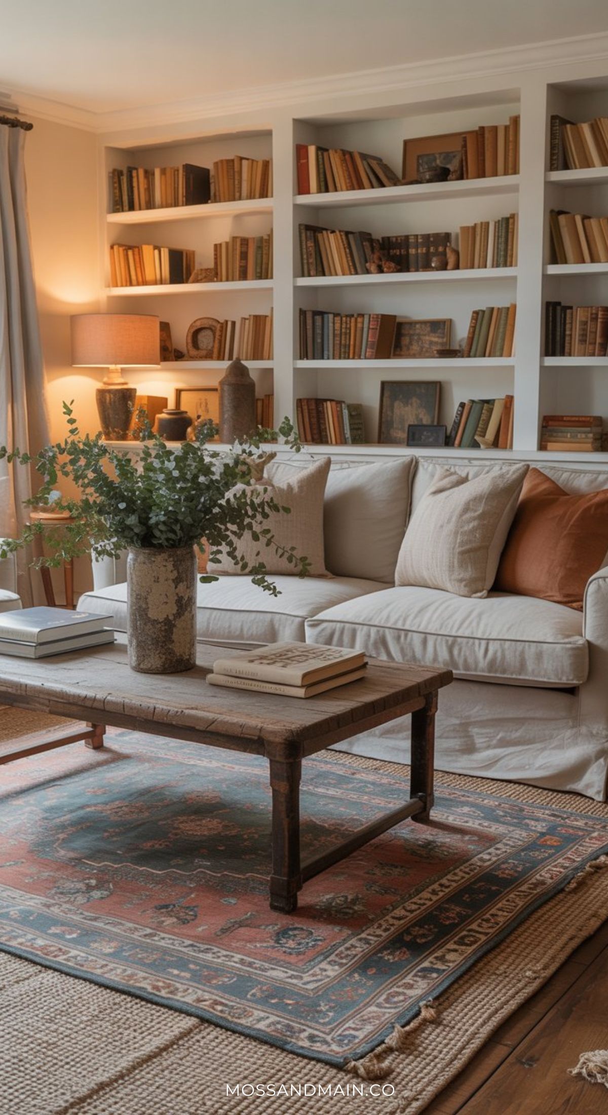 A cozy living room with a white sofa, beige and brown cushions, a rustic wooden coffee table, and built-in bookshelves evokes the inviting Nancy Meyers home aesthetic. A patterned rug and warm light complete this charming space.