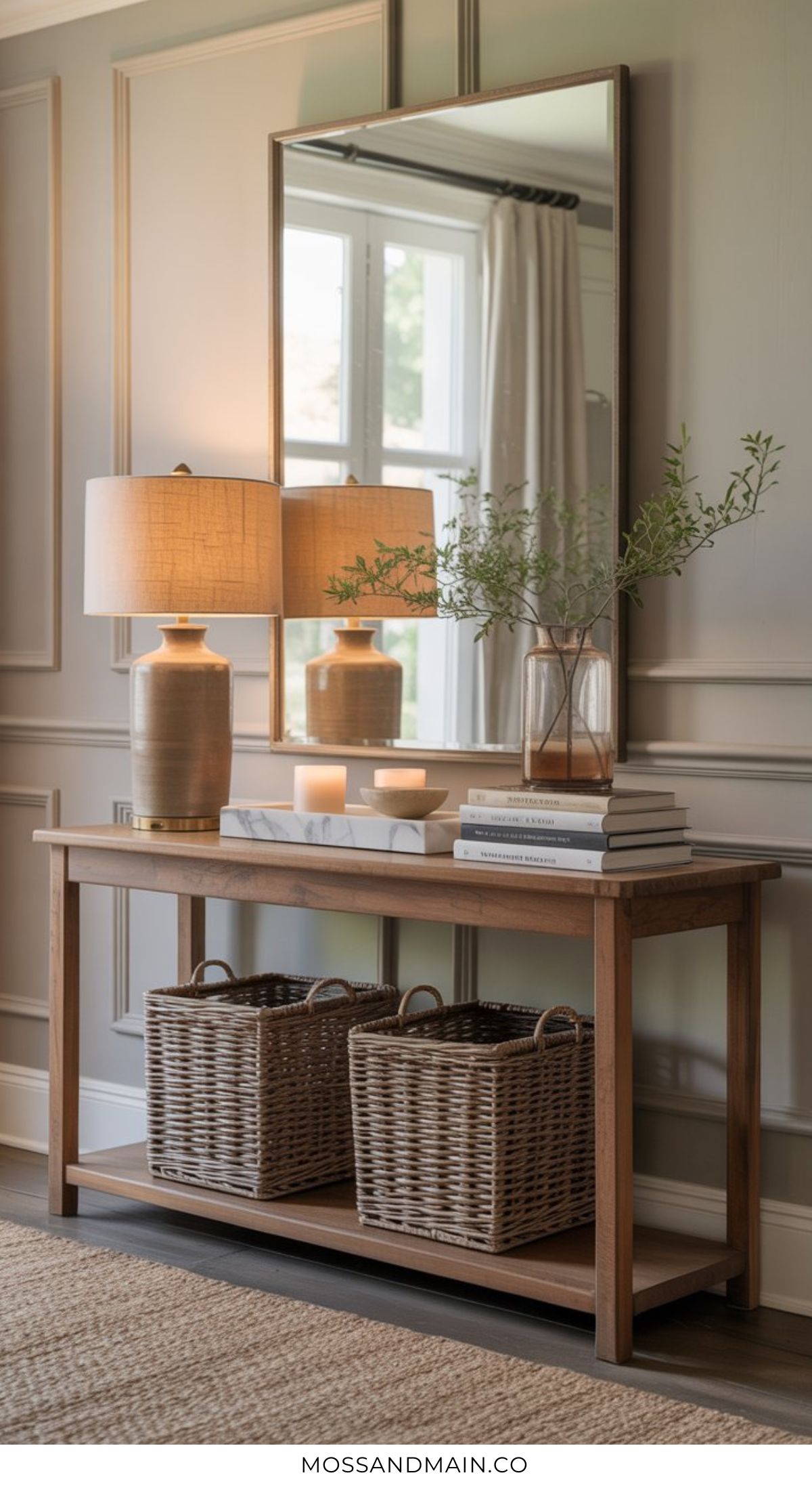 A wooden console table styled with entryway table decor—books, a beige lamp, and a vase of greenery—sits below a large mirror. Two woven baskets rest on the lower shelf, completing the cozy, modern look with light streaming in.