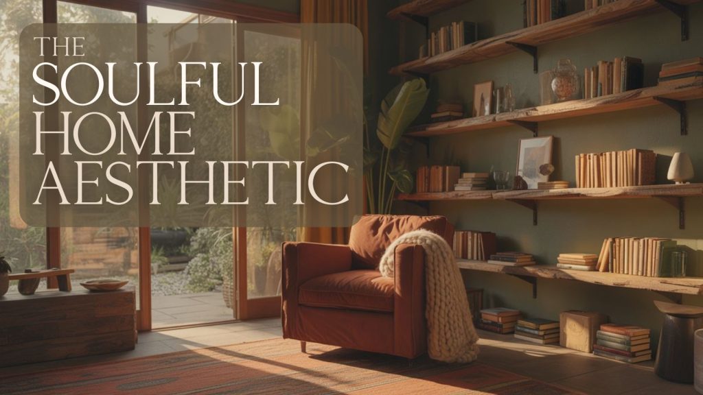 A cozy reading nook with a brown armchair, a knitted blanket, wooden shelves filled with books, large windows letting in sunlight, and the text “The Soulful Home Aesthetic” overlaid on the left—an inviting look tied to soulful home vibes.