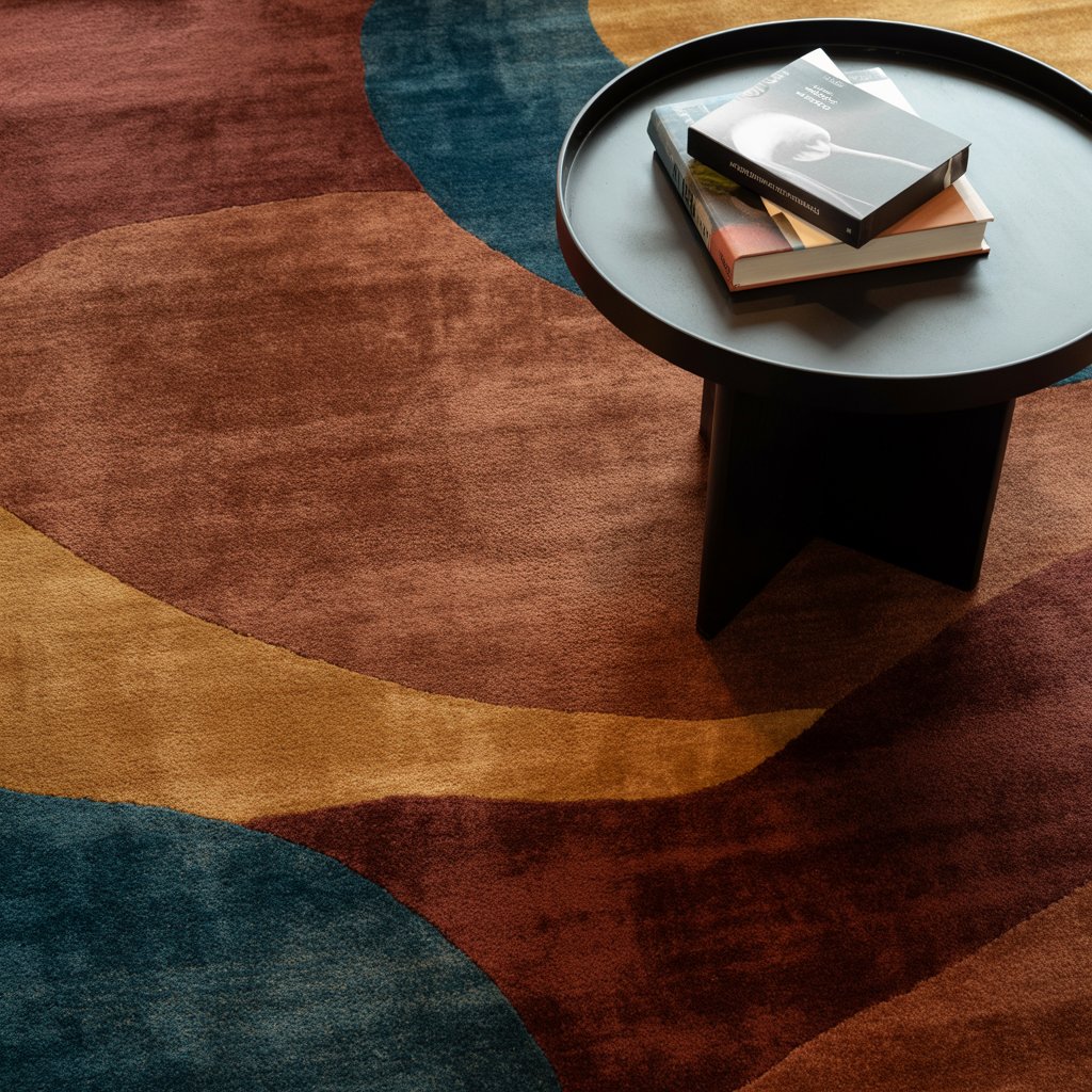 A round black side table with stacked books sits on a patterned carpet, its fun color schemes of overlapping blue, brown, and mustard yellow shapes perfect for the commitment-phobe who loves to switch up their style.