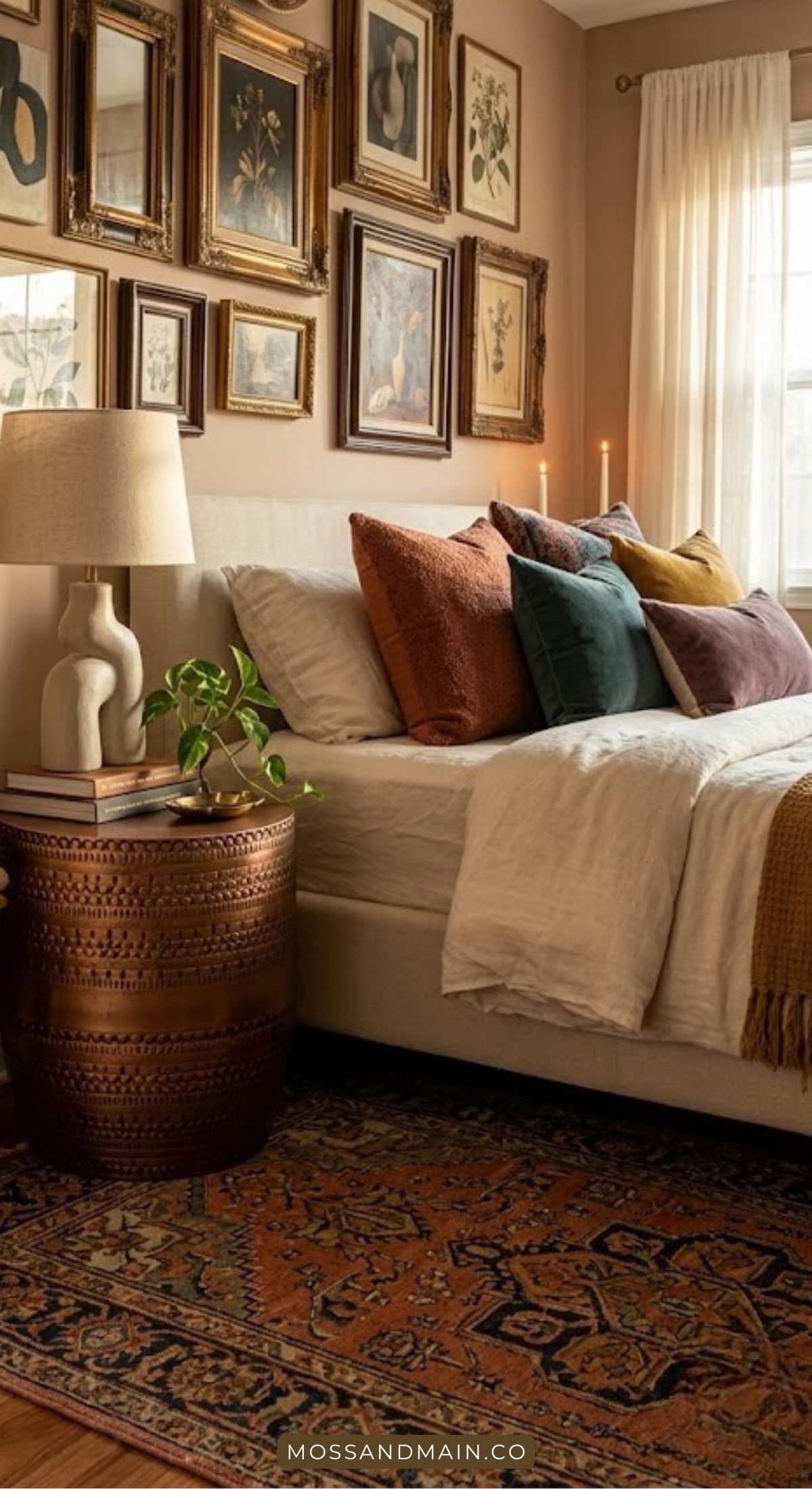 A cozy bedroom with a beige bed, colorful pillows, a boho bedside table with a lamp and plant, a patterned rug, and a gallery wall of framed art above the bed. Sunlight streams in through sheer curtains.