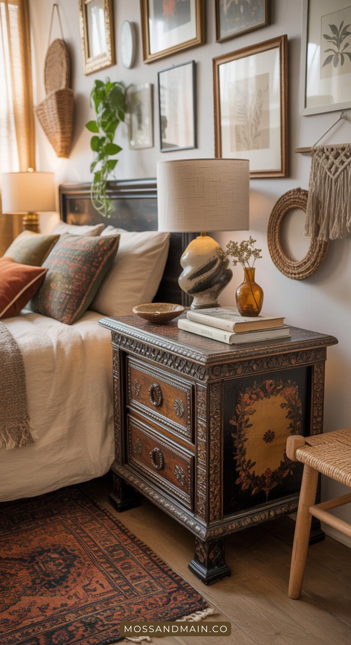A cozy bedroom with a wooden bed, patterned pillows, a rustic boho bedside table with books, a ceramic lamp, a small vase with flowers, wall art, and woven decor, creating an earthy, warm, eclectic atmosphere.