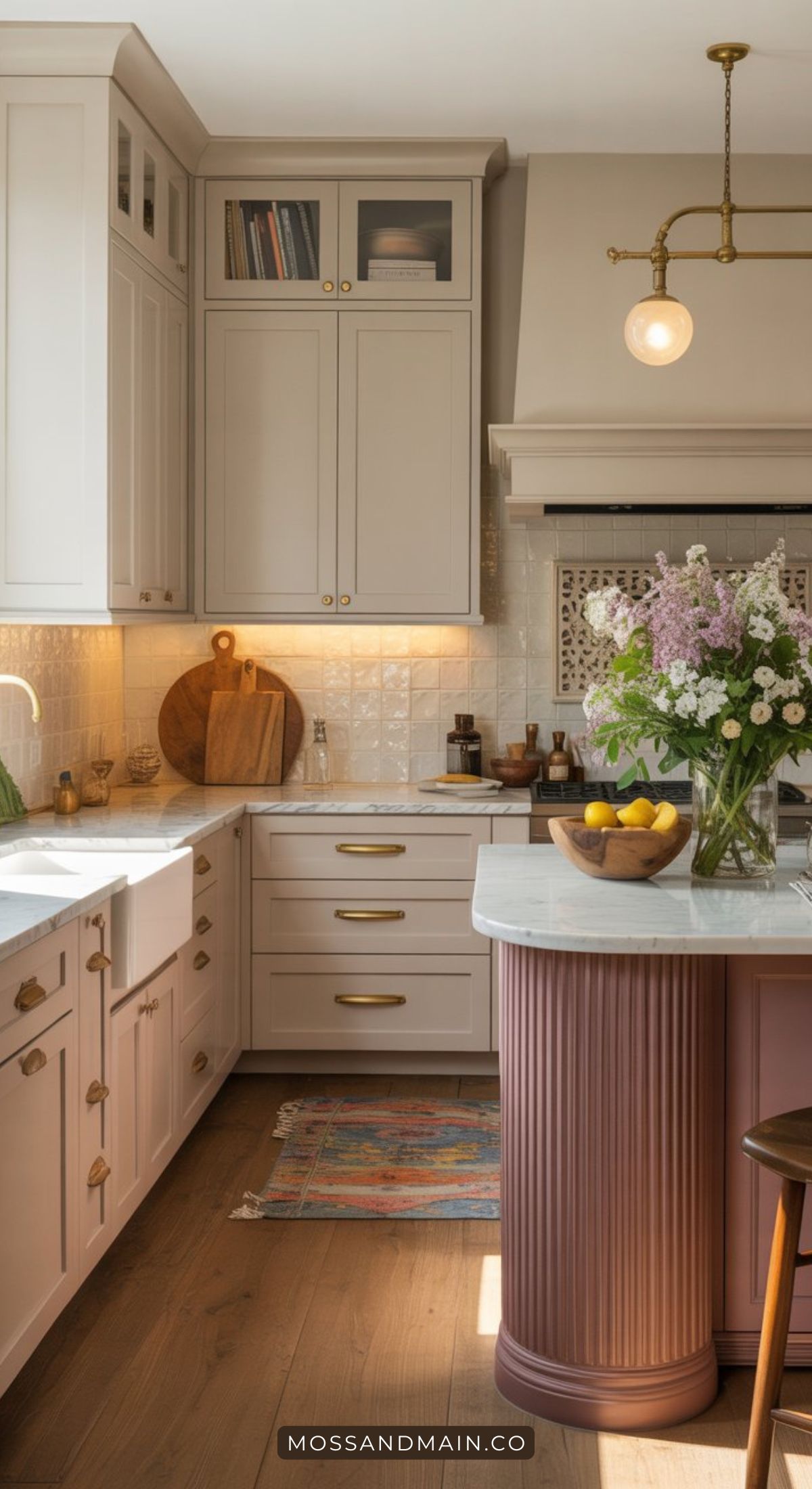 A stylish kitchen with light cabinetry, gold hardware, marble countertops, a pink kitchen island, fresh flowers in a vase, and a bowl of fruit. Discover elegant kitchen ideas with cozy vibes and a patterned rug under warm lighting.